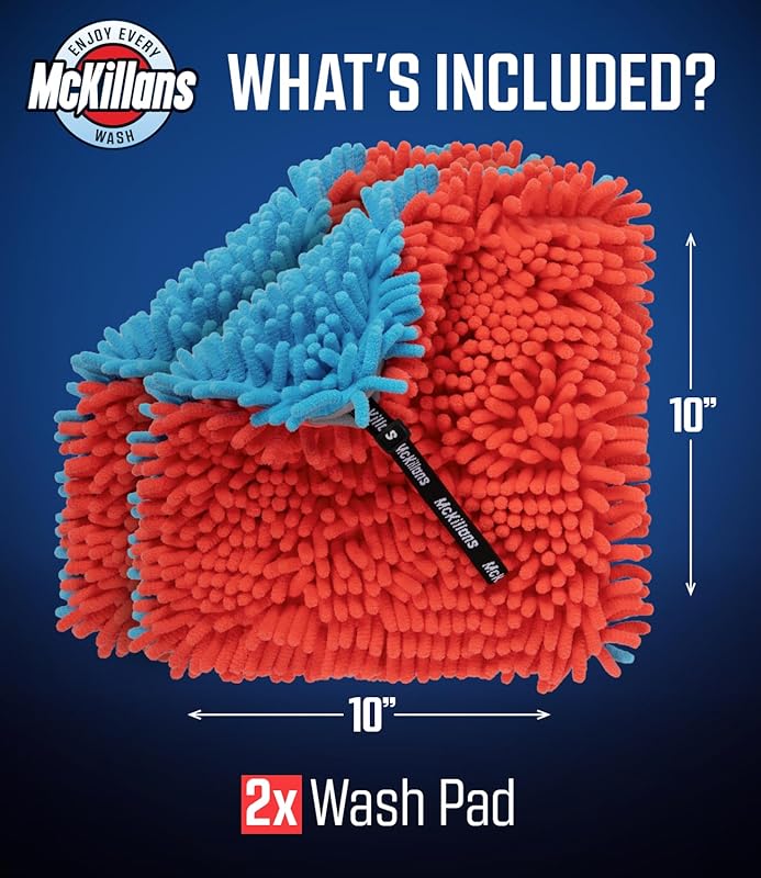 McKillans® Dual-Color Car Wash Pad - Pack of 2 - Scratch Free -10"x10" - Wrist Strap - Soft Chenille Microfiber Car Wash Sponge - Car Washing Washpad- Detailing, Car Cleaning Wash Rag (Pack of 2)