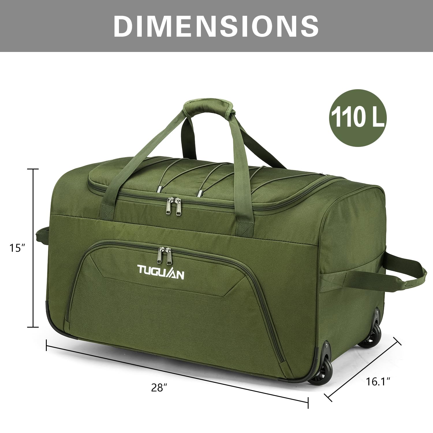 TUGUAN Borsone con Ruote da Viaggio 110 Litri Valigia Morbida Borsa da Viaggio Pieghevole con Ruote 71 cm per Sport Campeggio Bagaglio a Mano Duffel Bag, Verde