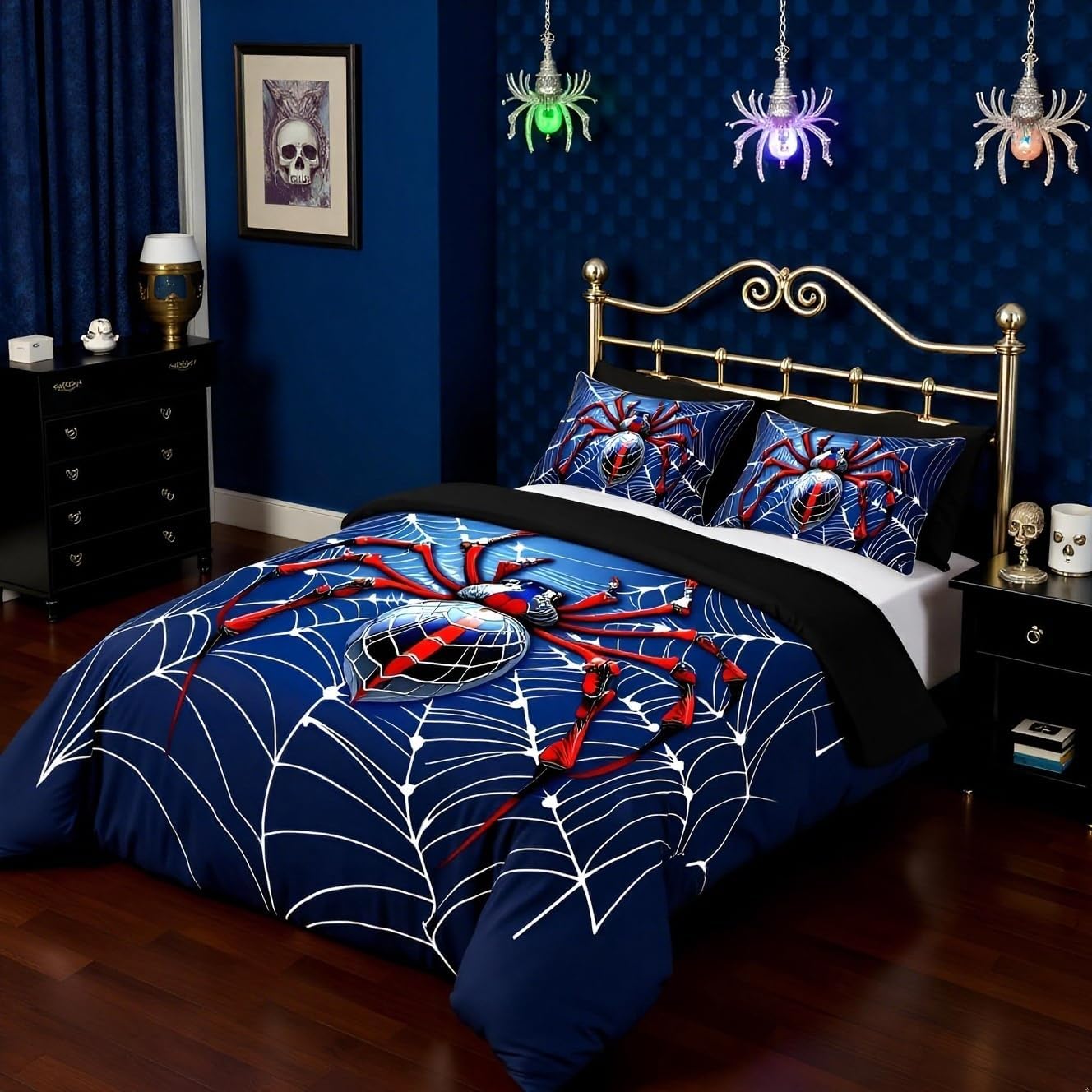 Manfei Spider Web Kids Duvet Cover 100% Cotton Twin Size,Red Black Spider Arachnid Insect Animal Girls Boys Bedding Set,Happy Halloween Gothic Blue Fashion Quilt Cover,1 Pillowcase(No Comforter)