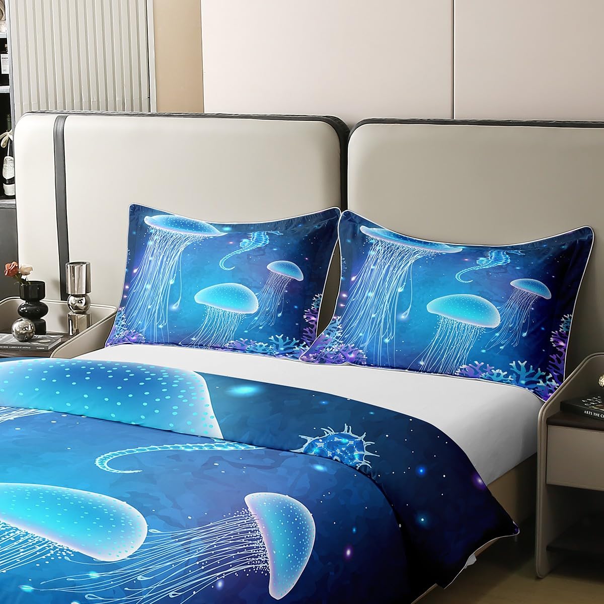 Loussiesd Set copripiumino in 100% cotone, motivo: meduse, per letto super king size, oceano, mare, creatura subacquea e mondo sottomarino, set di biancheria da letto per camera da letto, vita marina,