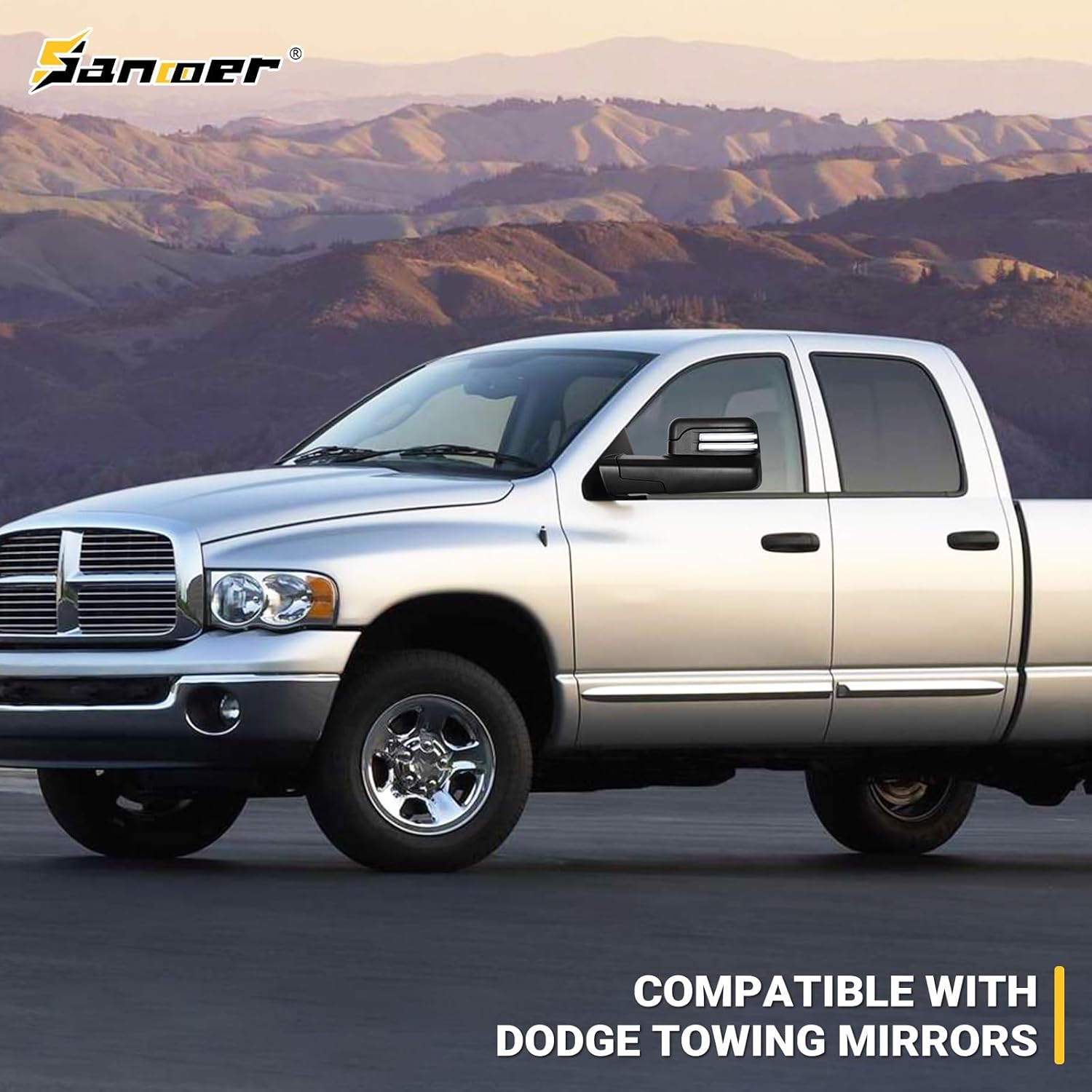 Sanooer Dynamic Towing Mirrors Compatible with 2002-2008 Dodge Ram 1500, 2003-2009 Dodge Ram 2500 3500 with New Pattern Power Glass Heated Turn Signal Running Light Puddle Lamp Flip up Pair Set