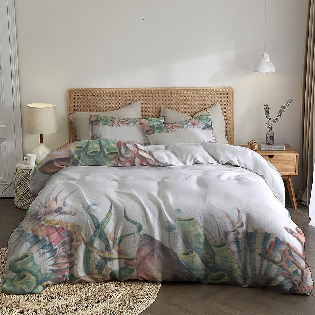 NIBAINLO 布団カバータツノオトシゴ、クラゲ、貝殻、サンゴ、ヒトデ、海洋生物のテーマ 肌に優しい ピーチスキン加工 掛け布団カバー 和式 洋式 あったか 布団カバーセット リバーシブル ホームステイ ホテル 家庭兼用