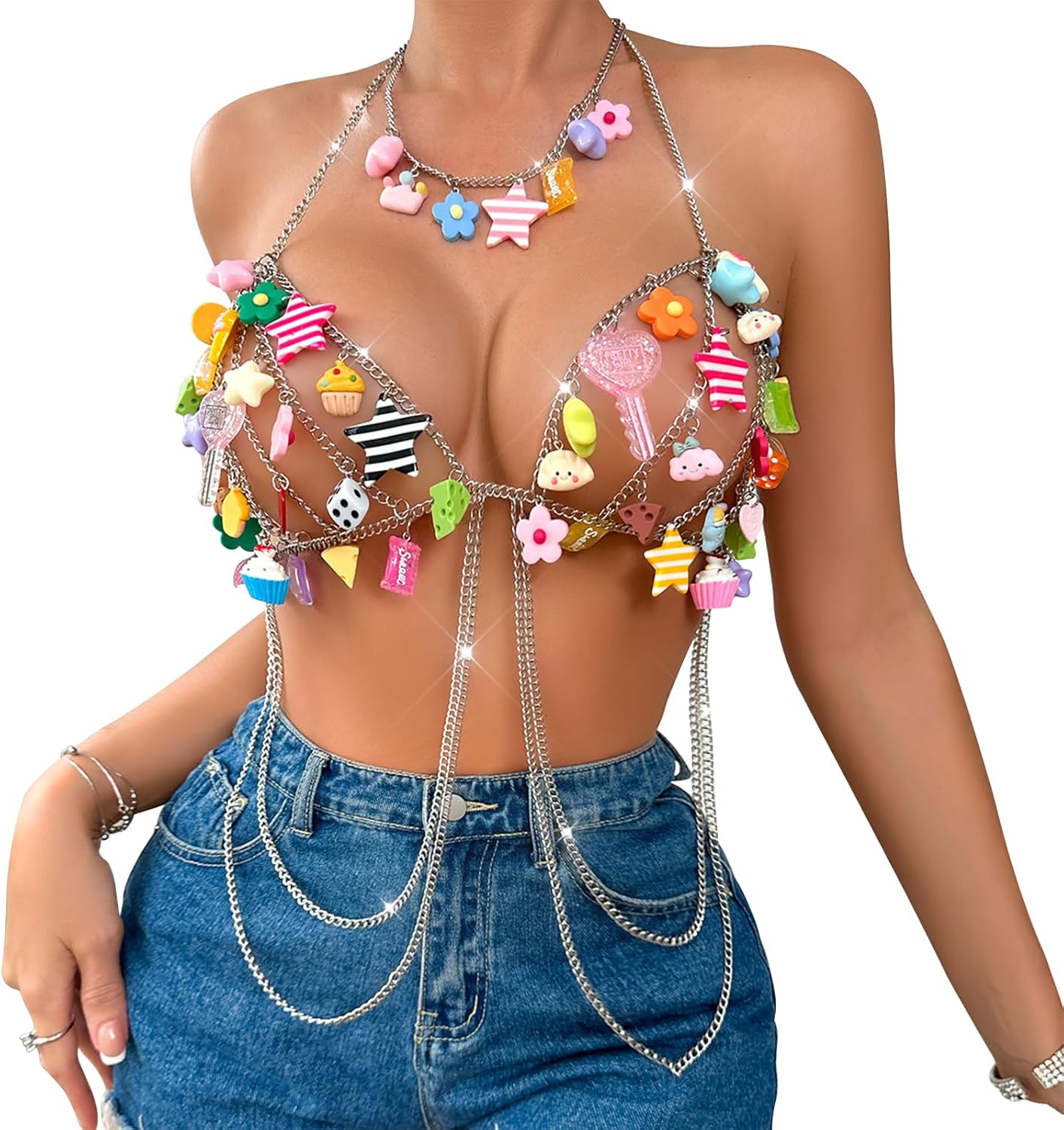 Y2K Body Chains 90s Vintage Bra Chain Tops with Cartoon Random Pendant Decoration Halter Metal Crop Tops