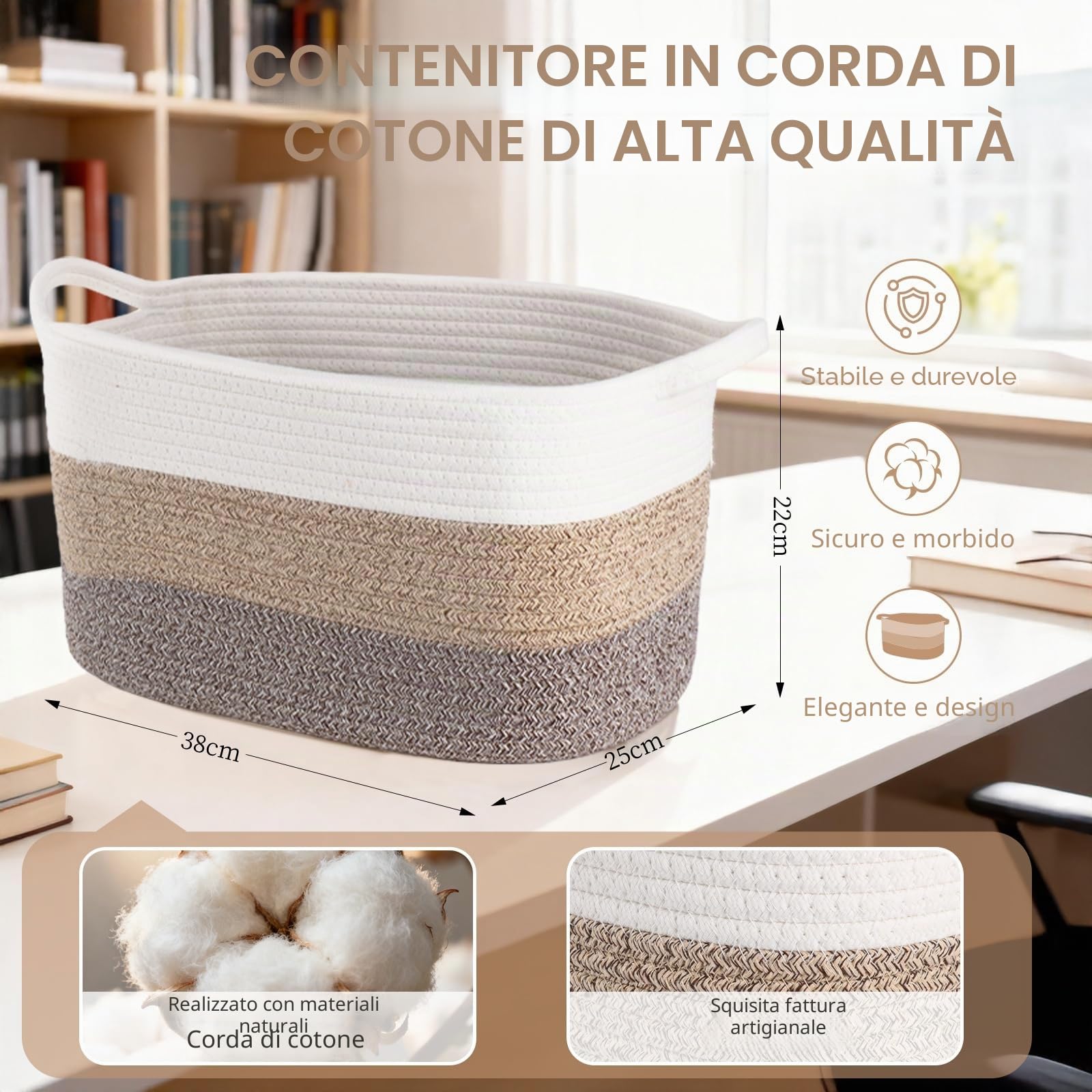AOFANGSHIYE3 cesti di stoccaggio, corda di cotone per bambini cesto regalo, giocattoli per bambini cesto di stoccaggio(bianco marrone)