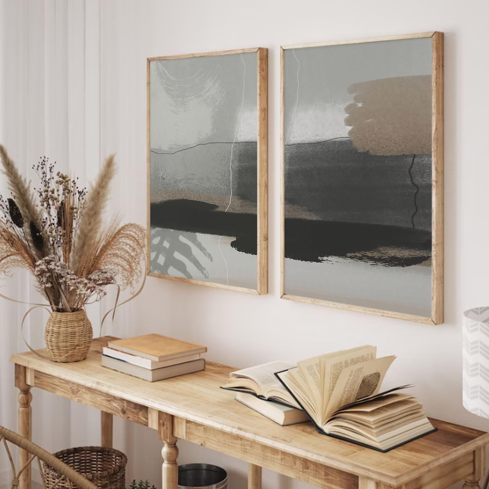LMYSXAOZ black White Grey Abstract Art and Brown Neutral Canvas Painting with Black Beige Pictures 16x24inx2PCS