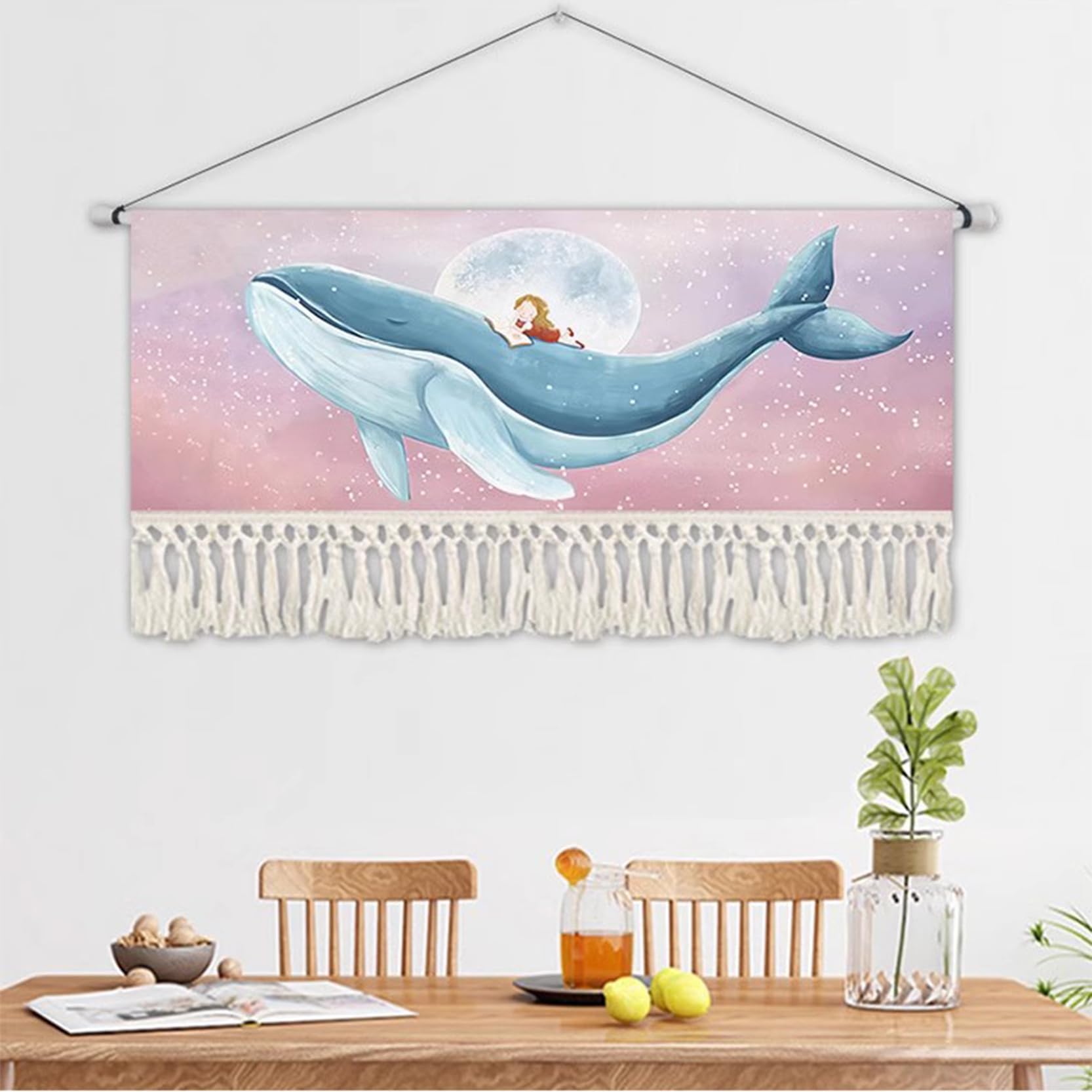 Tapiz Grande para Colgar en la Pared de macramé,Estilo nórdico,NO Hanging Rod,Tapiz de Pared con borlas de cordón de algodón, Pancarta Moderna de Lino y algodón decoración,G-120x40cm
