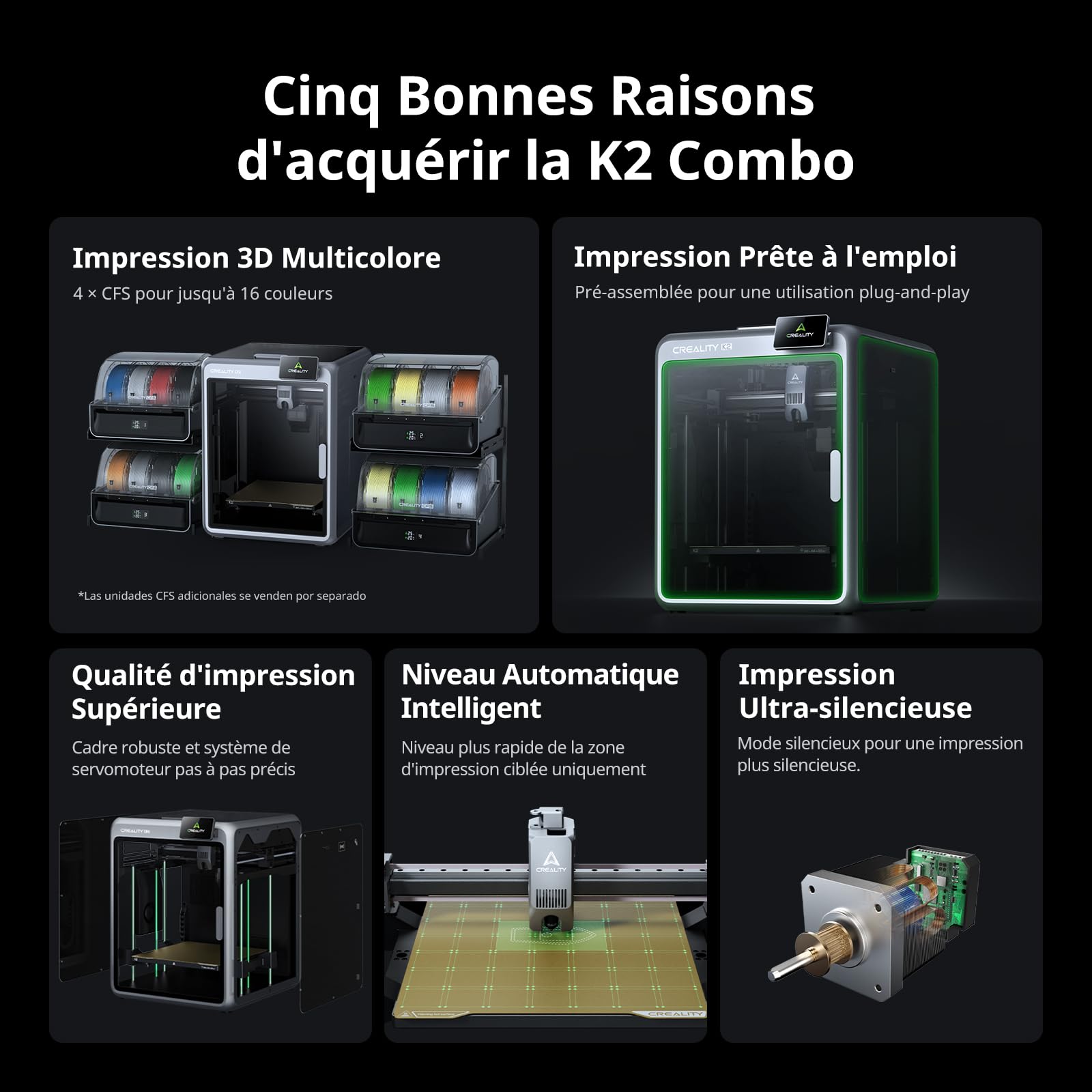 Creality K2 Combo (A) Imprimante 3D, Multicolore avec CFS, Vitesse d'impression Maximale de 600 mm/s, Nivellement Automatique Intelligent et Caméra IA, Volume d'impression de 260×260×260 mm