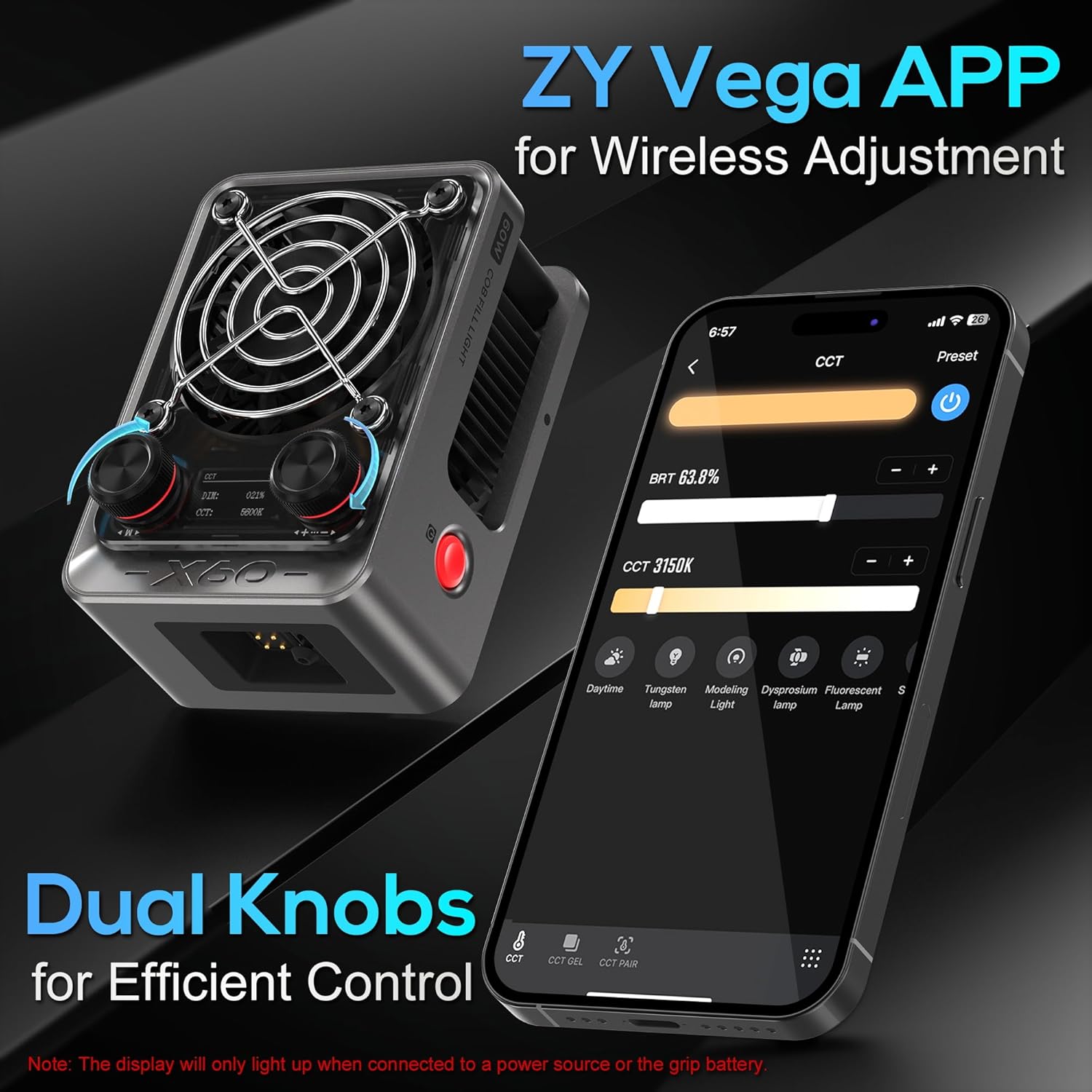 ZHIYUN Molus X60 [Official] 60W Bi-Color Video Light, Portable COB Camera Continuous Light, APP Control•CRI≥95•TLCI≥97•9 Scenes for Video Recording/Portrait/TVC（Standard）