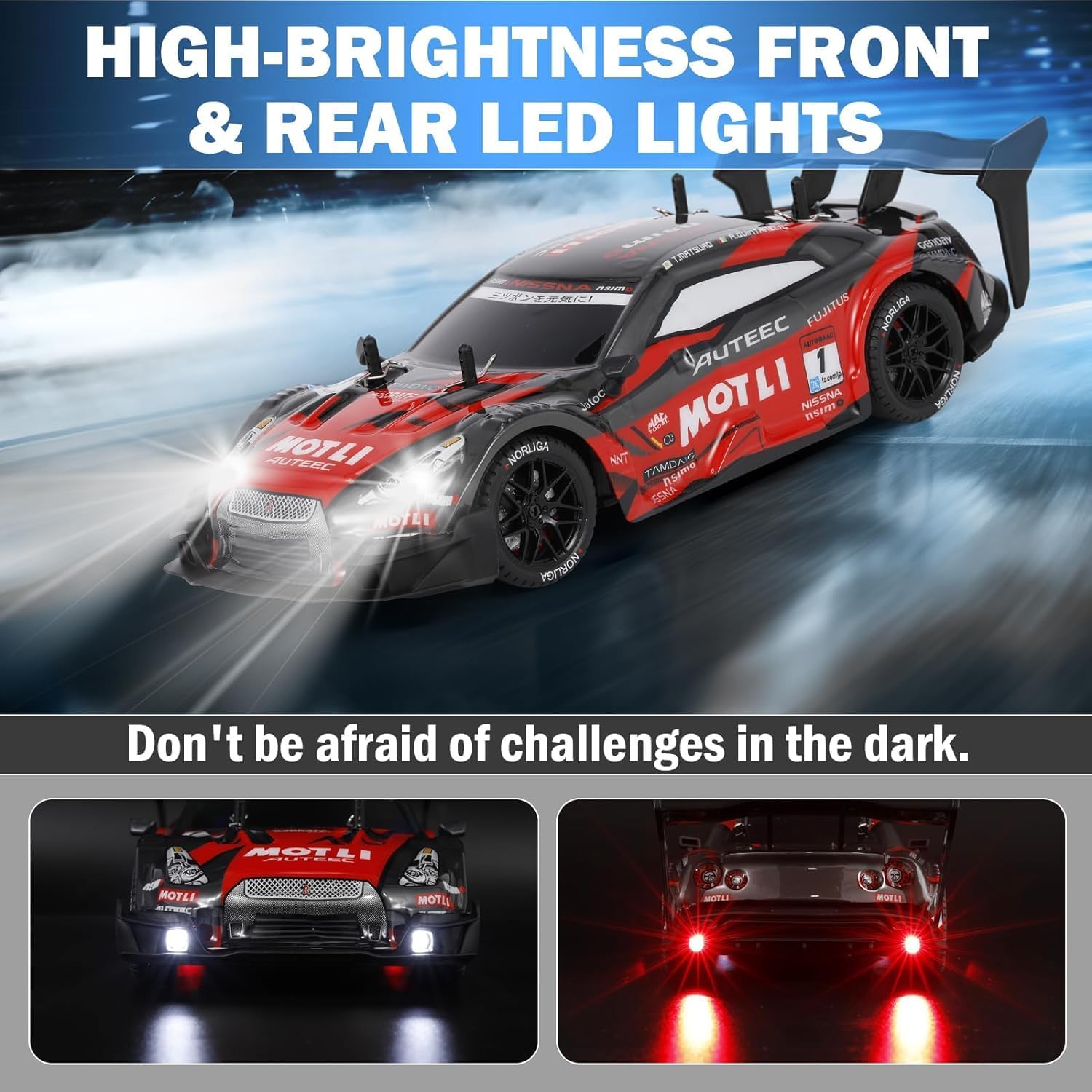 RC Drift Car, 1:14 Scale Remote Control Car, 4WD 40KM/H High Speed RC Racing Cars with LED Lights, 2 Batteries, Drifting and Racing Tires for Adults, Red