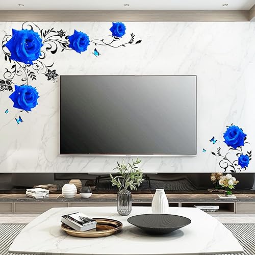 Miniatura 8 de Calcomanías de pared de rosas azules, calcomanías de pared de flores azules, rosas decorativas para interiores, para dormitorio, fiesta temática,