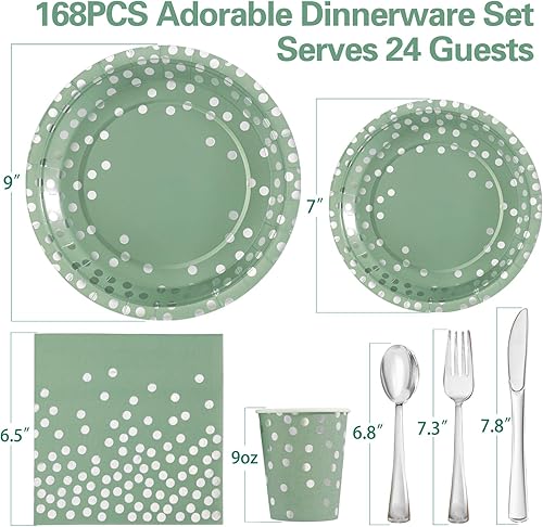 Miniatura 2 de Platos de papel 168 piezas desechables para fiestas, platos verde salvia y plata para cumpleaños, bodas, fiestas de baby shower