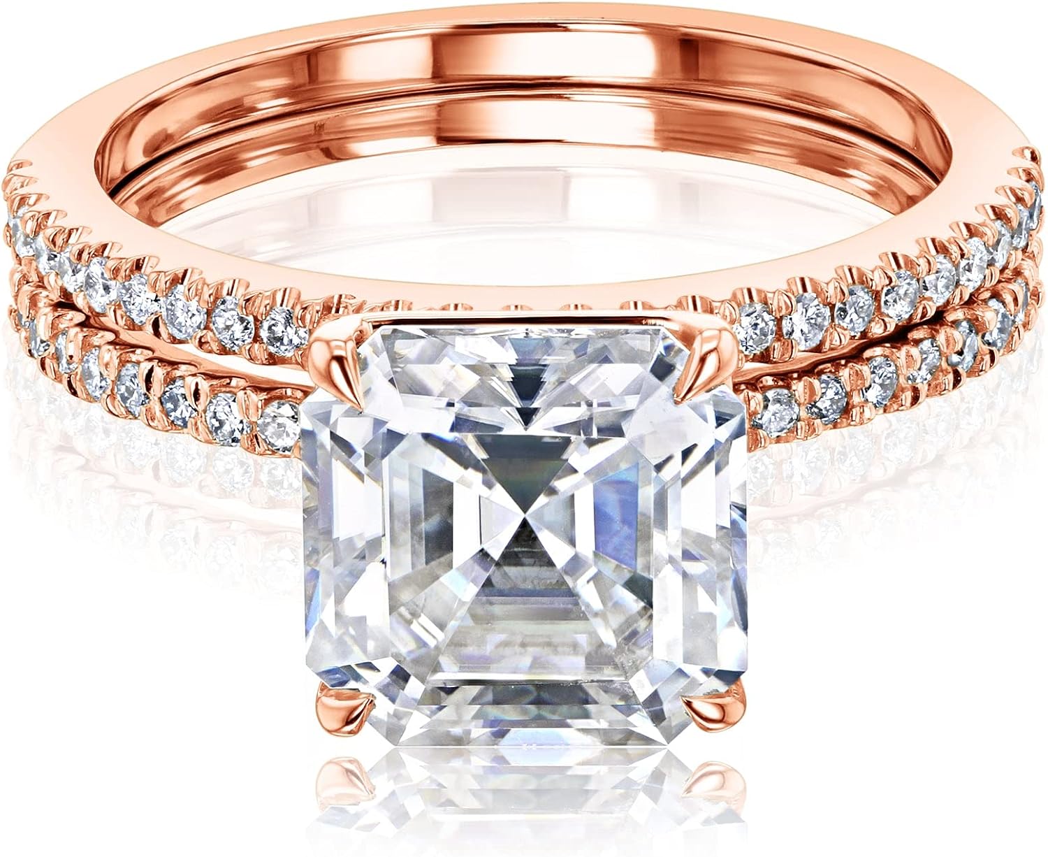 2.5ct Moissanite Asscher Petite Shank Bridal Set 14K Gold (GH/VS)