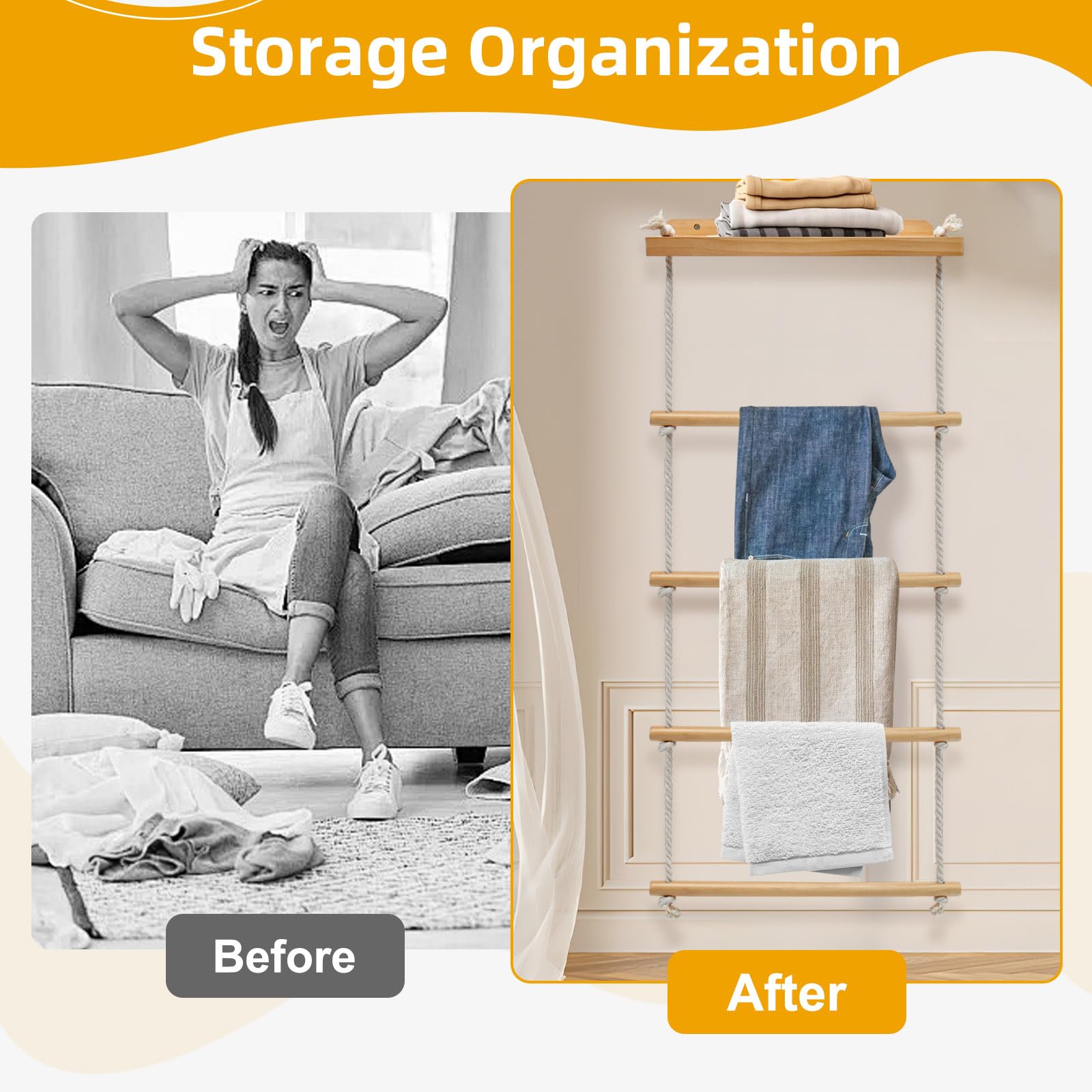 4 Ebenen Handtuchständer Handtuchleiter, 2-in-1 Handtuchhalter Holz mit Regal, Handtuchstange für Badezimmer Wohnzimmer Schlafzimmer (98 * 43 cm)