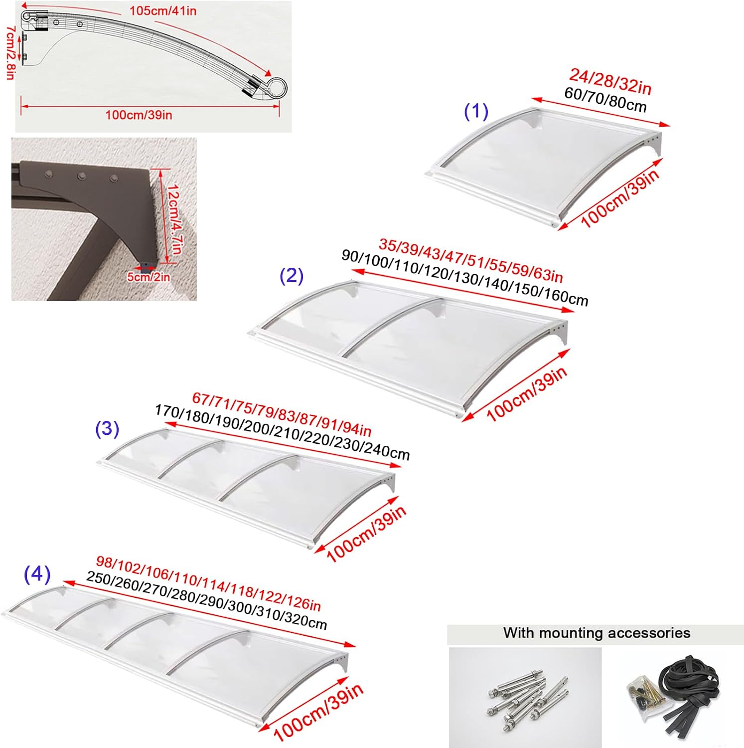 Aluminum Archway Door Canopy, UV Protection Awning for Home Entry, 2.5mm Polycarbonate Cover, Outdoor Window Shade (100x190cm/39 x75)