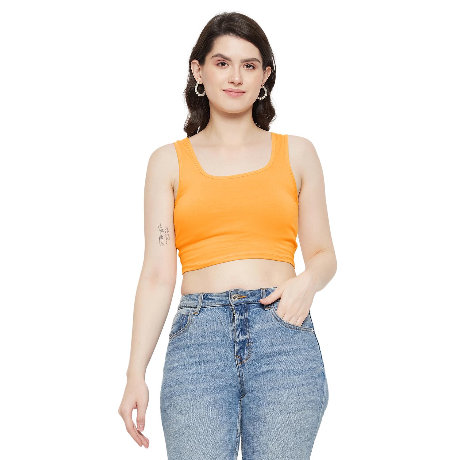 hypernation Orange Sleeveless Cotton Lycra Square Neck Crop Top for Women(HYPW03673)-picture-18