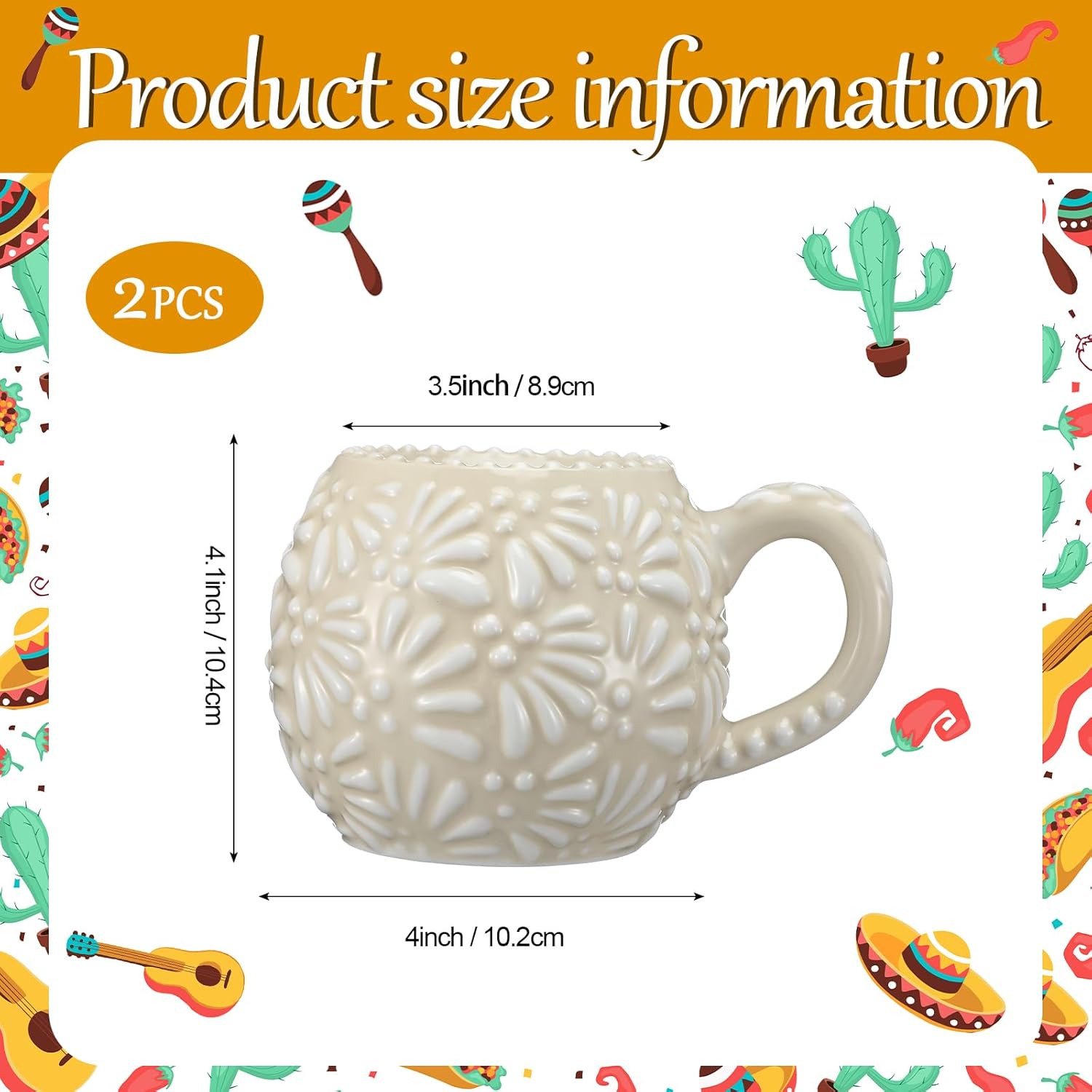 LemonRoad 2 Pack Mexican Pottery Mugs Mexican Coffee Mugs Ceramic Cups Parties Gifts for Drinking Coffee Hot Chocolate Agua De Horchata Cafe De Olla Pozole Champurrado Atole White Talavera Design 12oz