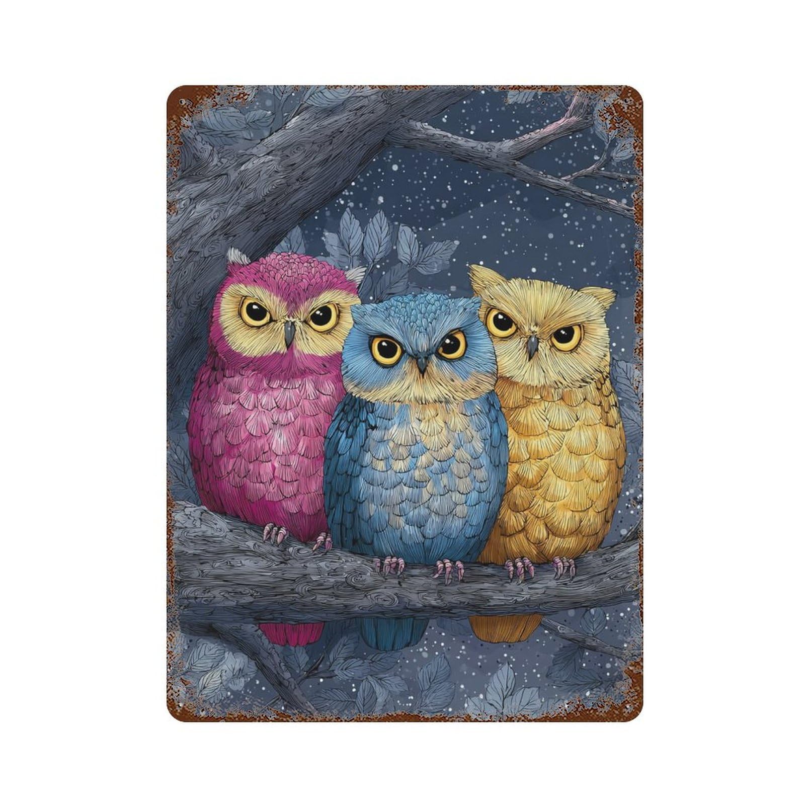 Distressed Metal Wall Sign with Colorful Owls Night Tree Branch Design 15.7"x11.8", for Garage, Bar And Workshop Decor, Vintage Wall Decor