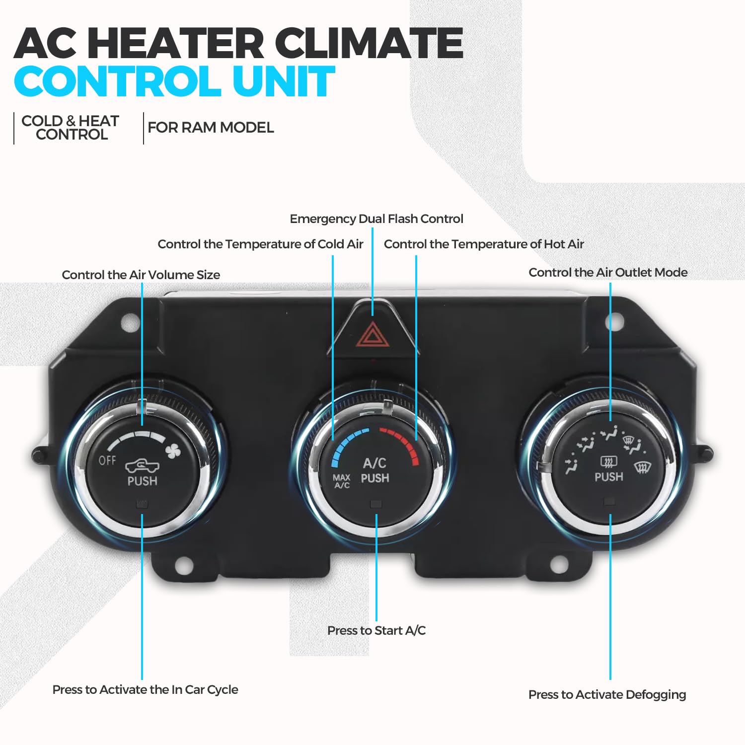 AC Heater Control Unit for Dodge RAM 1500 2500 3500 2013-2018| OEM 68105021AF 68226600AA Direct Replacement | Climate Control Panel with Pry Tool (PRND/RND/PW)