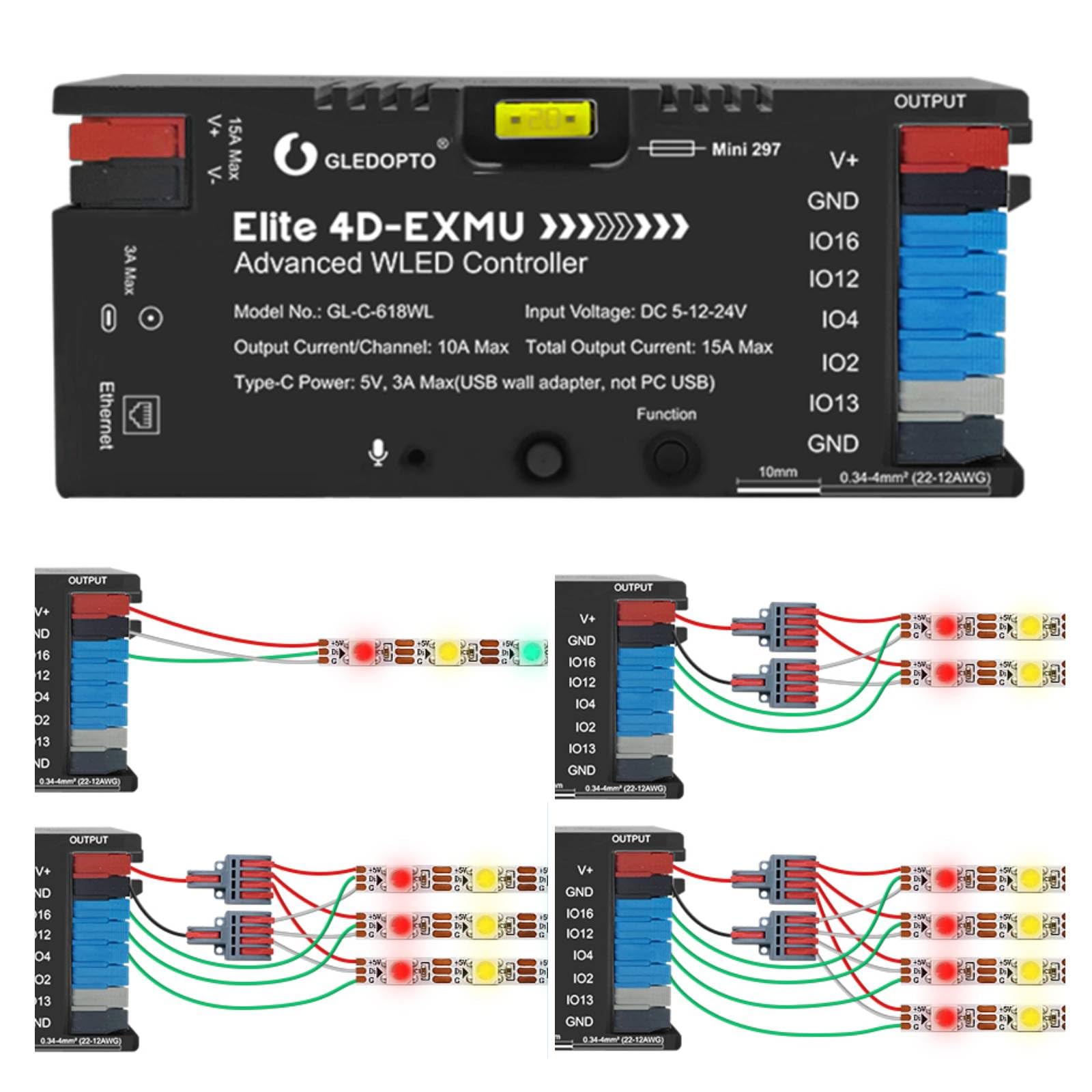GLEDOPTO ESP32 WLED Controller mit Ethernet Musik Reaktion UART 20A Stecksicherung LED Controller für WS2811 WS2812 SK6812 WS2815 Digital Adressierbarer RGB IC Streifenlicht (618WL-4 Ausgänge)