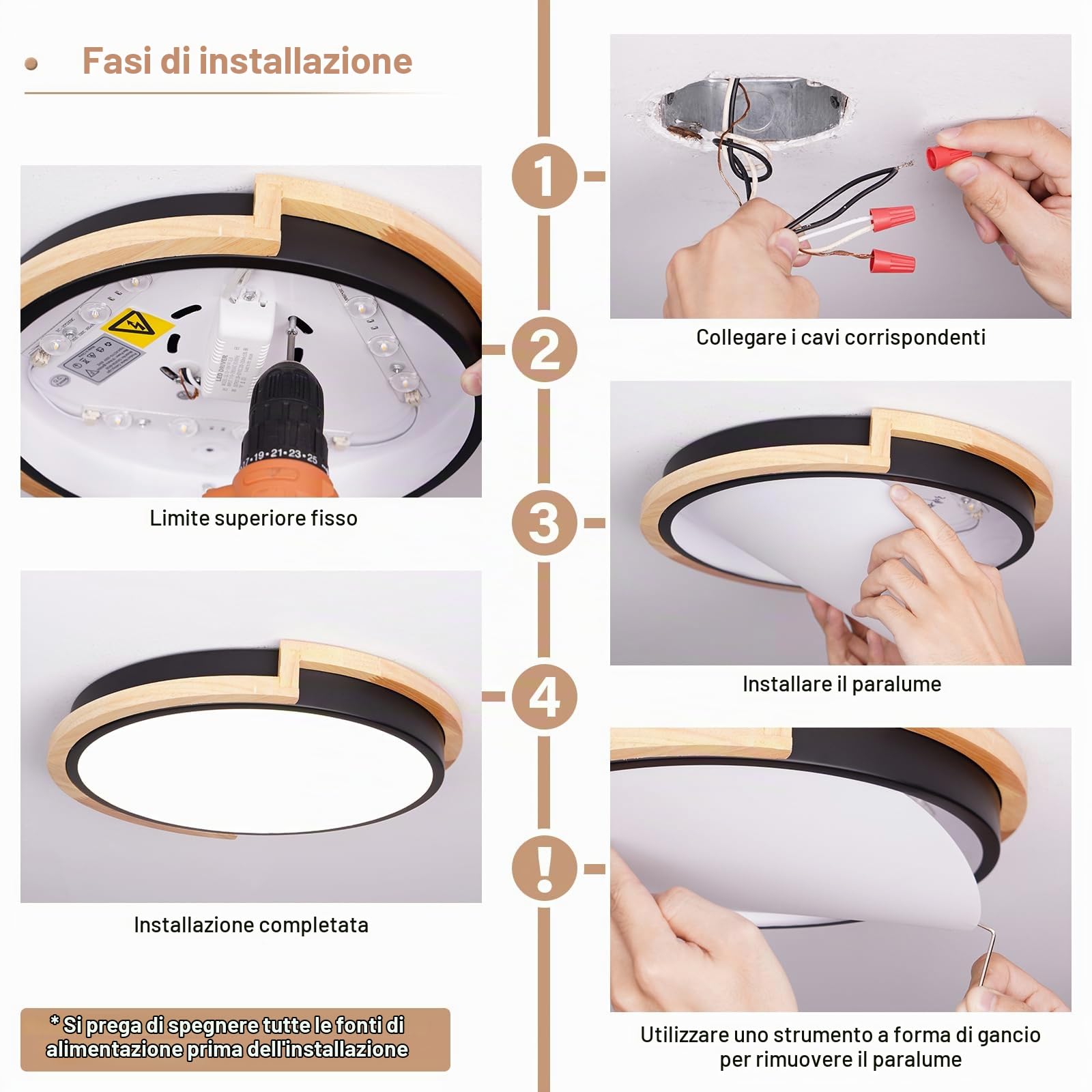 WOKNOS Lampada da soffitto, Plafoniera Bianca 40 cm, Lampada LED 36W con legno per camera da letto, soggiorno, cucina, corridoio, sala da pranzo, 4000K