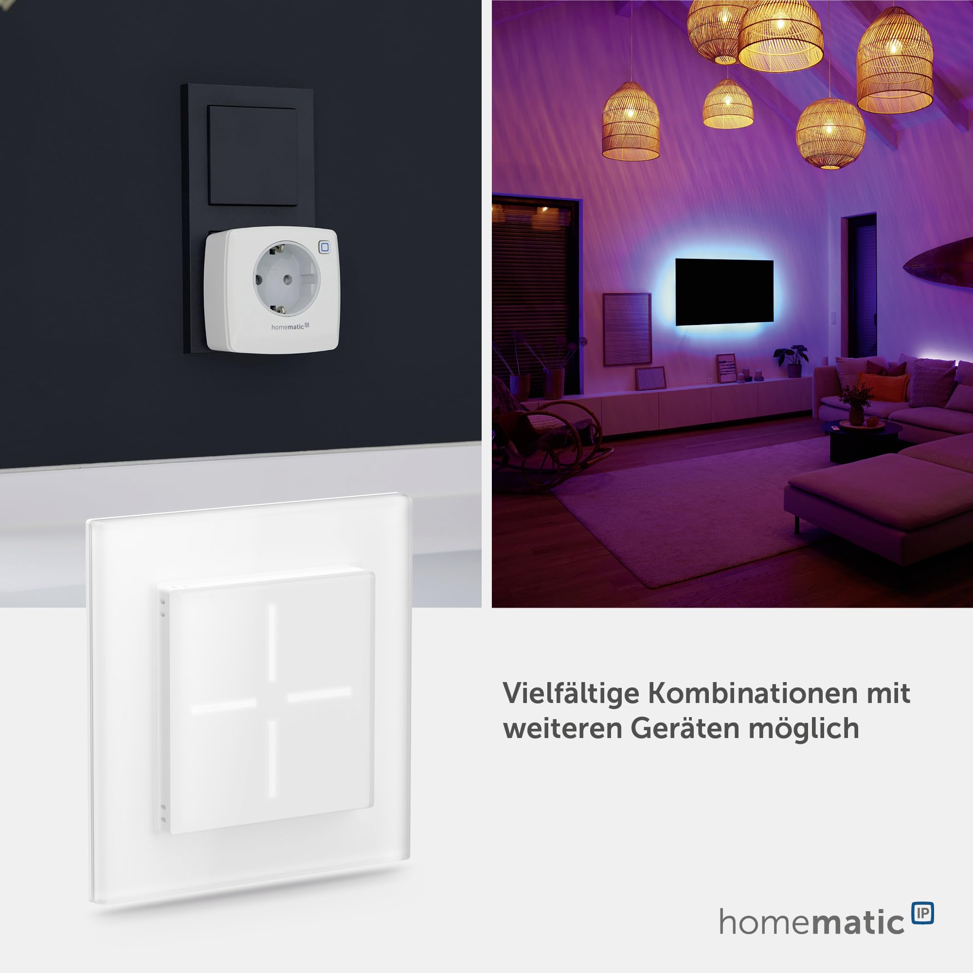 Homematic IP Glastaster, Smart Home, Wandschalter, Vier Tasten, Schalter für Ihr Homematic IP Smart Home, universell einsetzbar, schaltet Aktoren und Funktionen (Glastaster, Weiß)