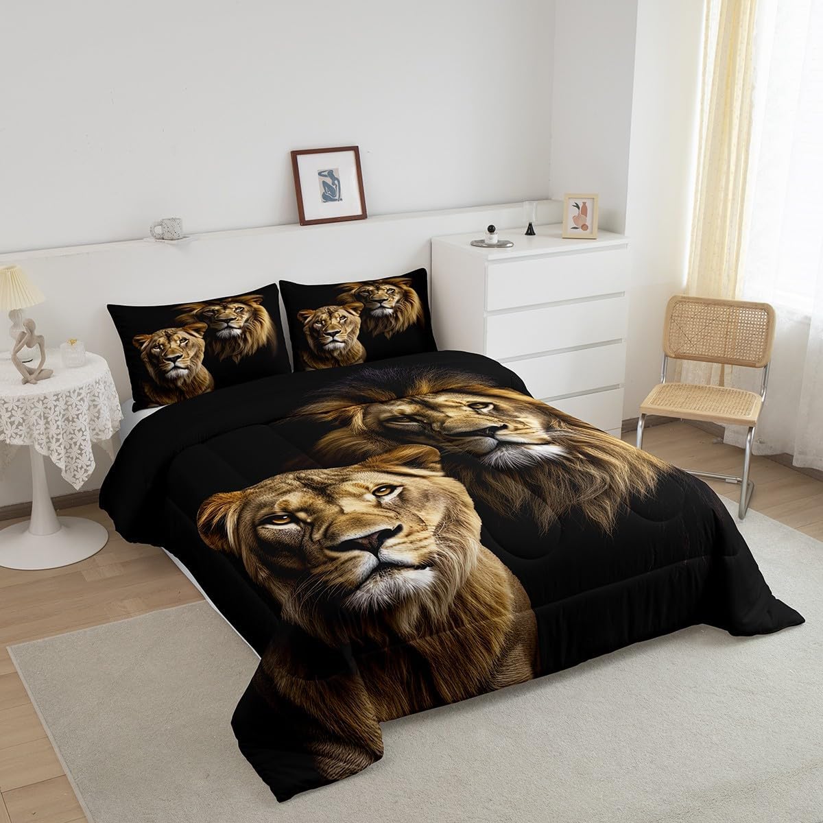 Lion Comforter Set Lions Couple Bedding Sets African Safari Animals Down Comforter for Kids Boys Girls Adults Lionesses Wildlife Duvet Insert with 1 Comforter and 2 Pillow Cases Bedroom Decor Queen