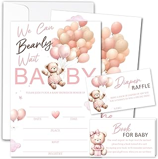 Pink We Can Bearly Wait Baby Shower Invitations with Diaper Raffle Tickets Book Request Cards Envelopes for Boy Girl Baby Shower Gender Reveal Party and First Christmas Birthday Party Sets of 25 - A16