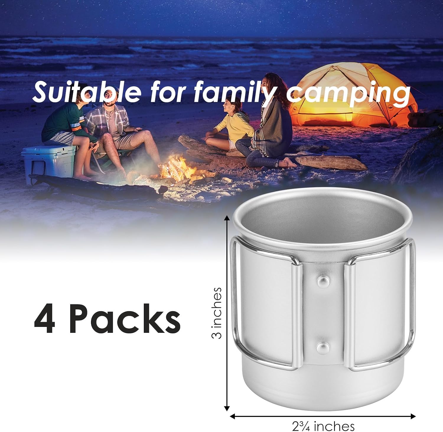 4Pack Collapsible Handle Camping Cups - 10oz Portable Aluminum Mugs with Folding Handles for Outdoor Hiking, Backpacking, Boiling Water, Coffee, Tea, and Soup (Silver)