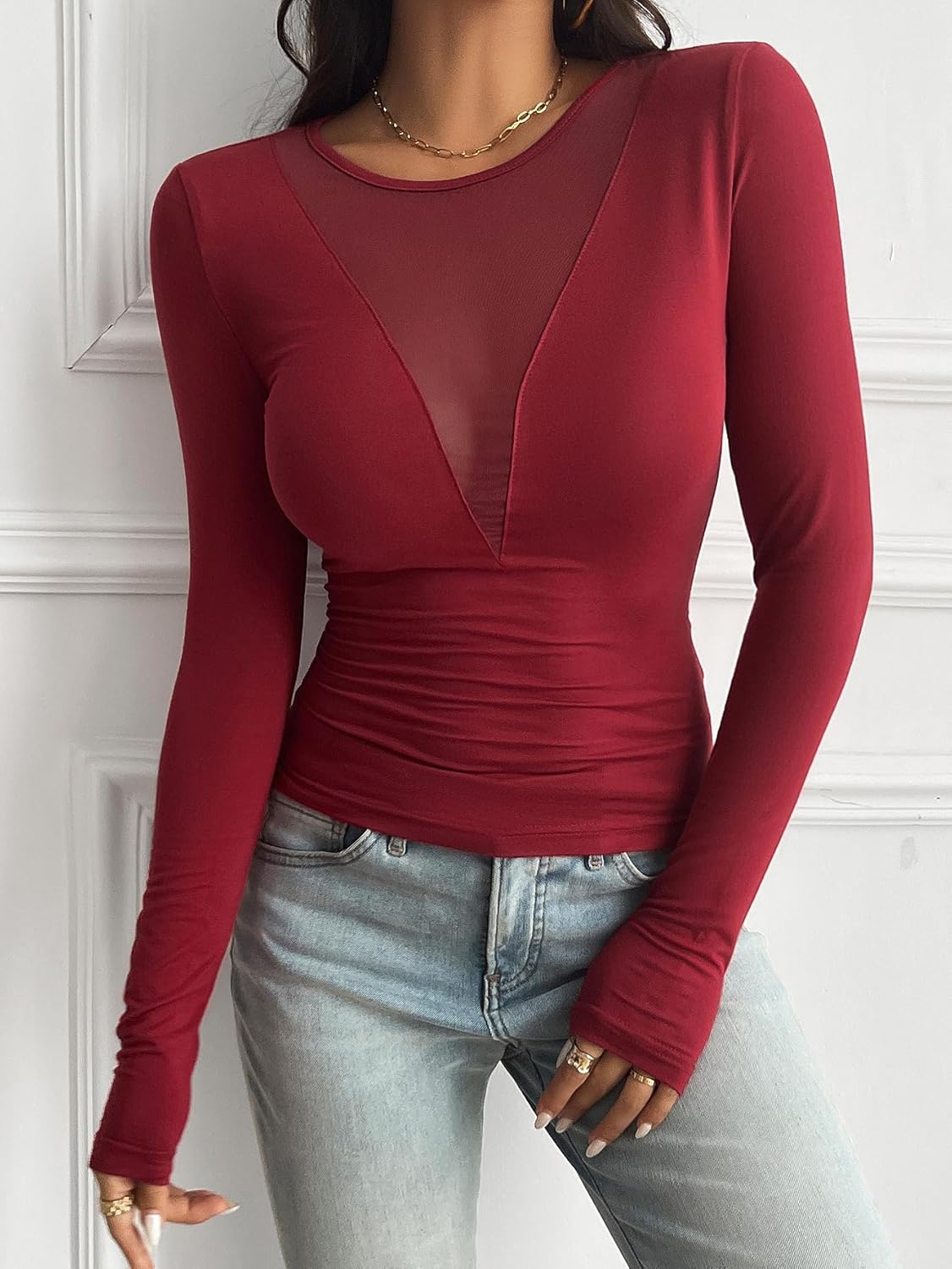 Sulozom Women Long Sleeve Sexy Mesh Deep V Neck Tight Fitted Shirts 2025 Fashion Y2K Shirts Cute Going Out Basic Tees Tops - Image 3