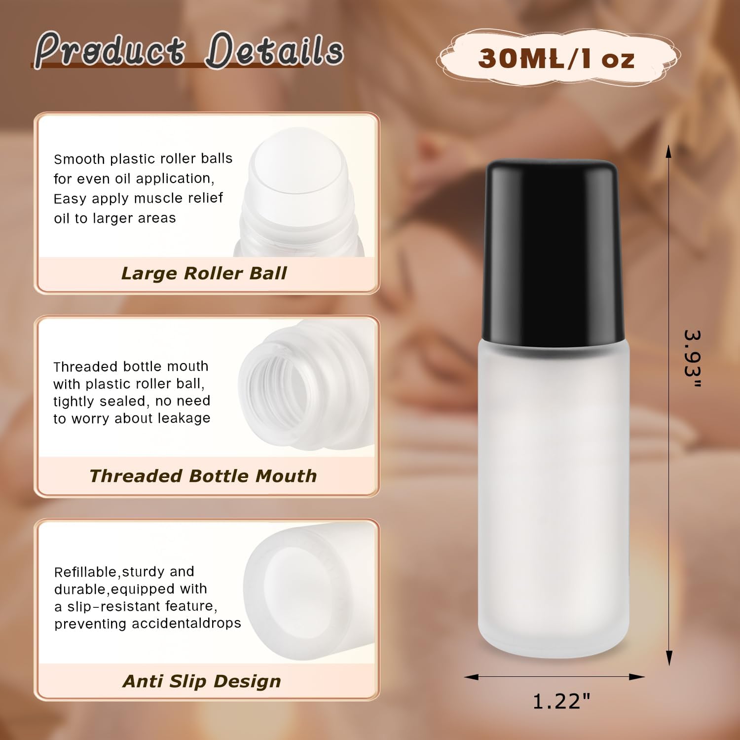 Large Glass Roll On Bottles,Empty Glass Deodorant Roller Bottles With Large Plastic Roller Ball for Essential Oil,Deodorant,Castor Oil,Body Oil-Dispense Containers for Pains (Frosted, 1oz/30ml)
