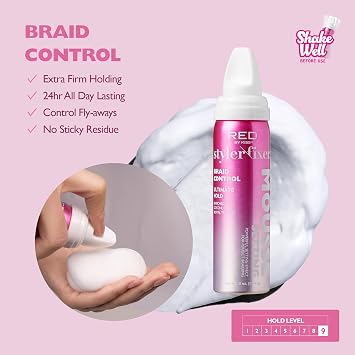 Red by Kiss Setting Mousse Braid Frizz Control, Curl Definition, Shine, Maximize Volume, Ultimate Hold, Long Lasting, Non Sticky Creamy Foam Style Perfector (2 Ounces, Braid Perfector)