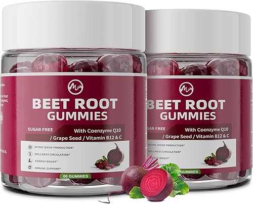 M inch Beet Root Gummies, Blood* Pressure Support & Nitric Oxide Booster, 8-in-1 Wellness Formula with Grape Seed, Coq10, Folic Acid, Vitamin C, B3 & B12, Sugar Free, Vegan, Pomegranate Flavor, 2 Pack