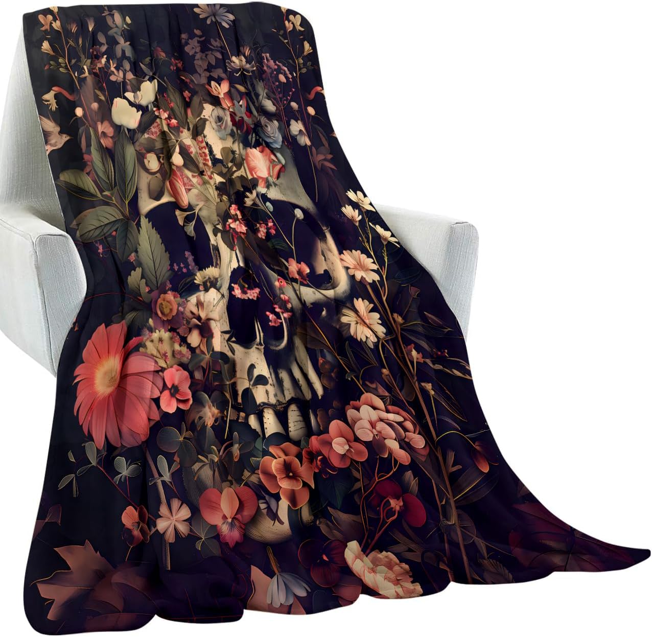 Gothic Floral Skull Blanket Gifts for Kids Adult Women,Dark and Moody Goth Flannel Throw Blankets,Soft Comfy Lightweight for Halloween Couch Bed Artistic Modern Decor,Horror Lovers 60x50in - Image 2