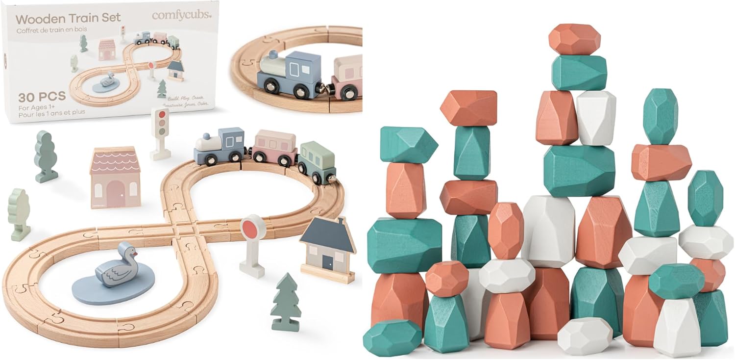 30-Piece Wooden Train Set and Stacking Rocks 36 Pieces Bundled by Comfy Cubs
