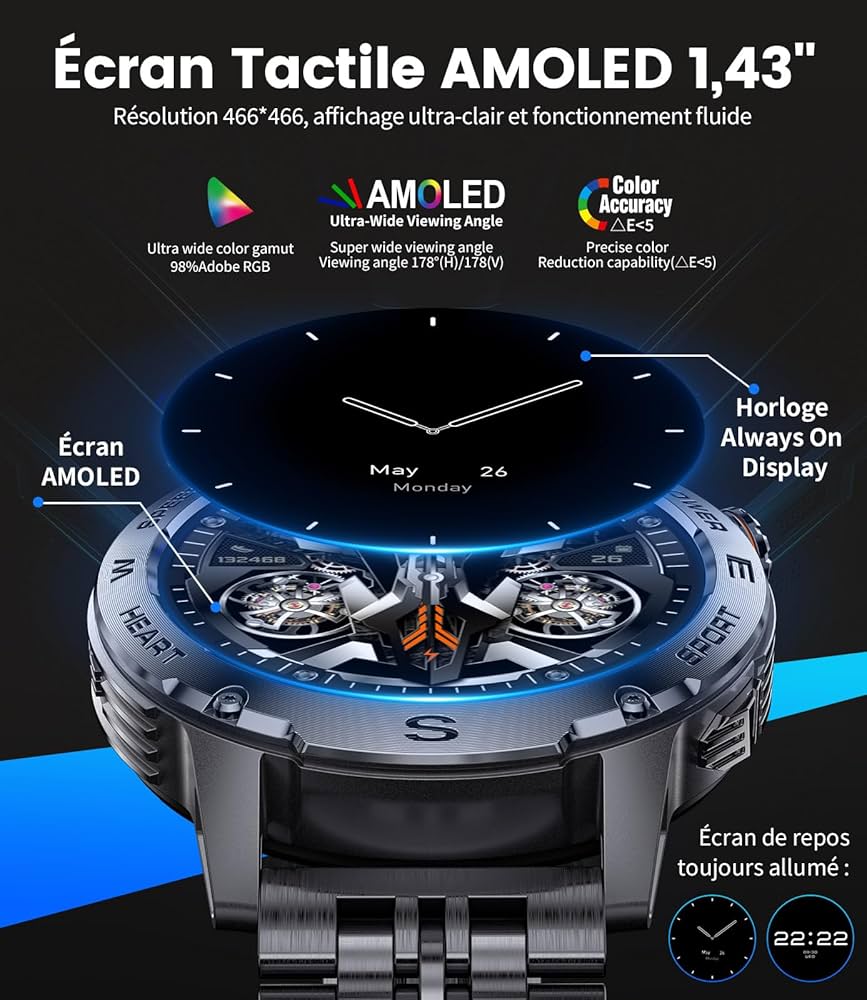 Montre Connectée LIGE Homme 1.43" AMOLED | Fréquence Cardiaque, SpO2, 170 Sports, IP68, 300+ Cadrans