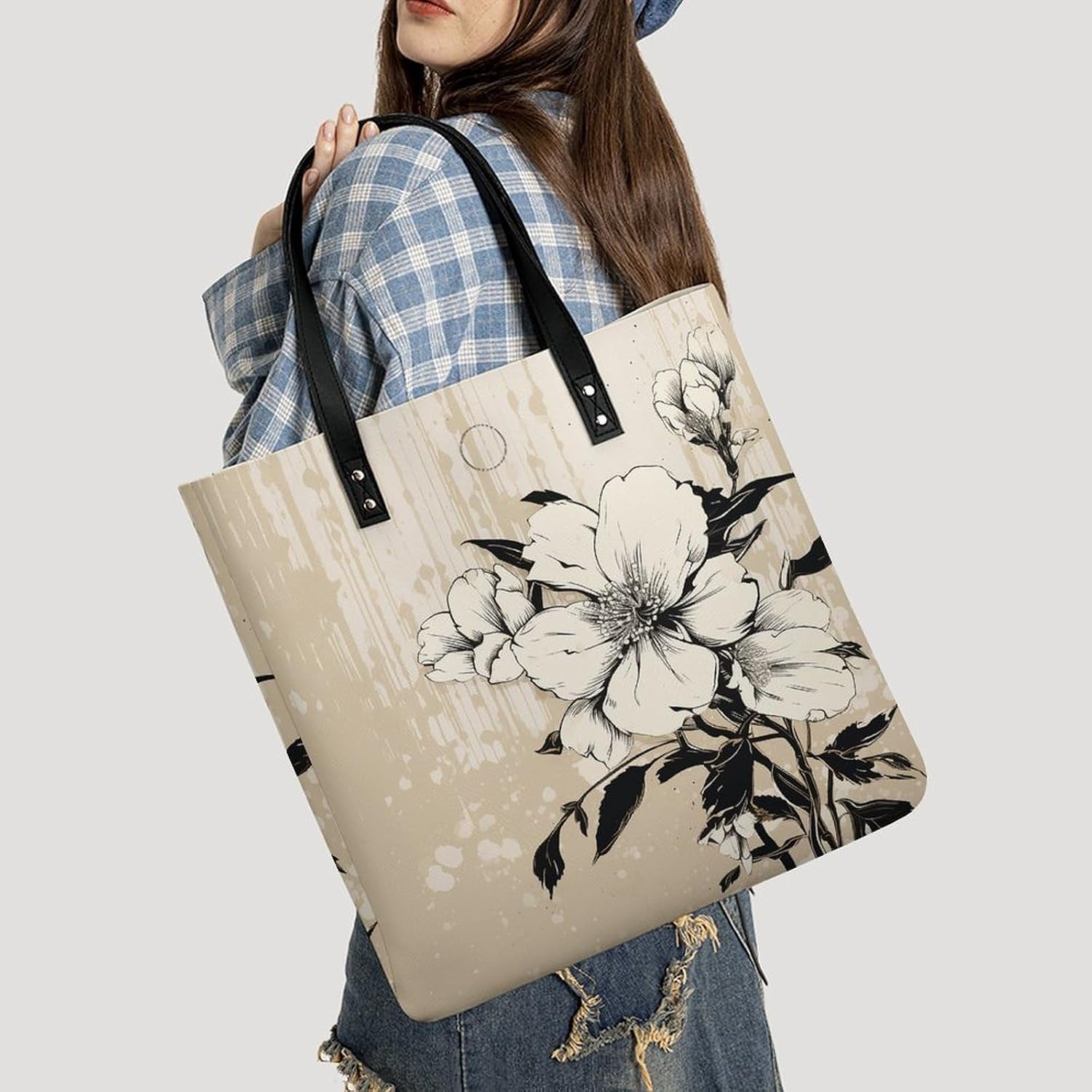 Beige Floral Pattern Tote Bag with Magnetic Buckle Reusable Grocery Bags Lightweight Cross Body Handbag for Daily Essentials