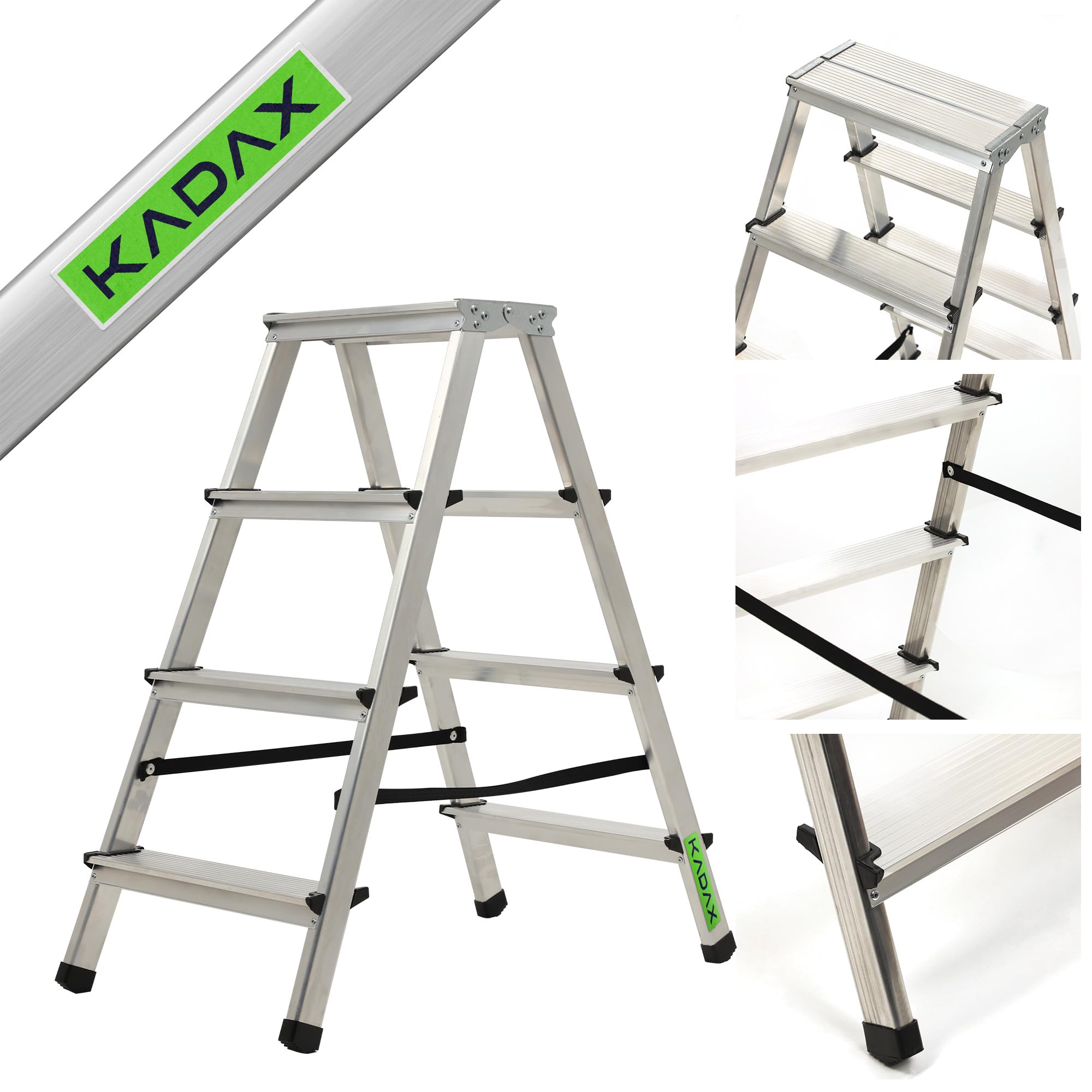 KADAX Escalera de Doble Cara de Aluminio con 4 Peldaños Antideslizantes, Capacidad de Carga de 125 kg, Plataforma de Trabajo y Diseño Plegable (81 x 43 cm)