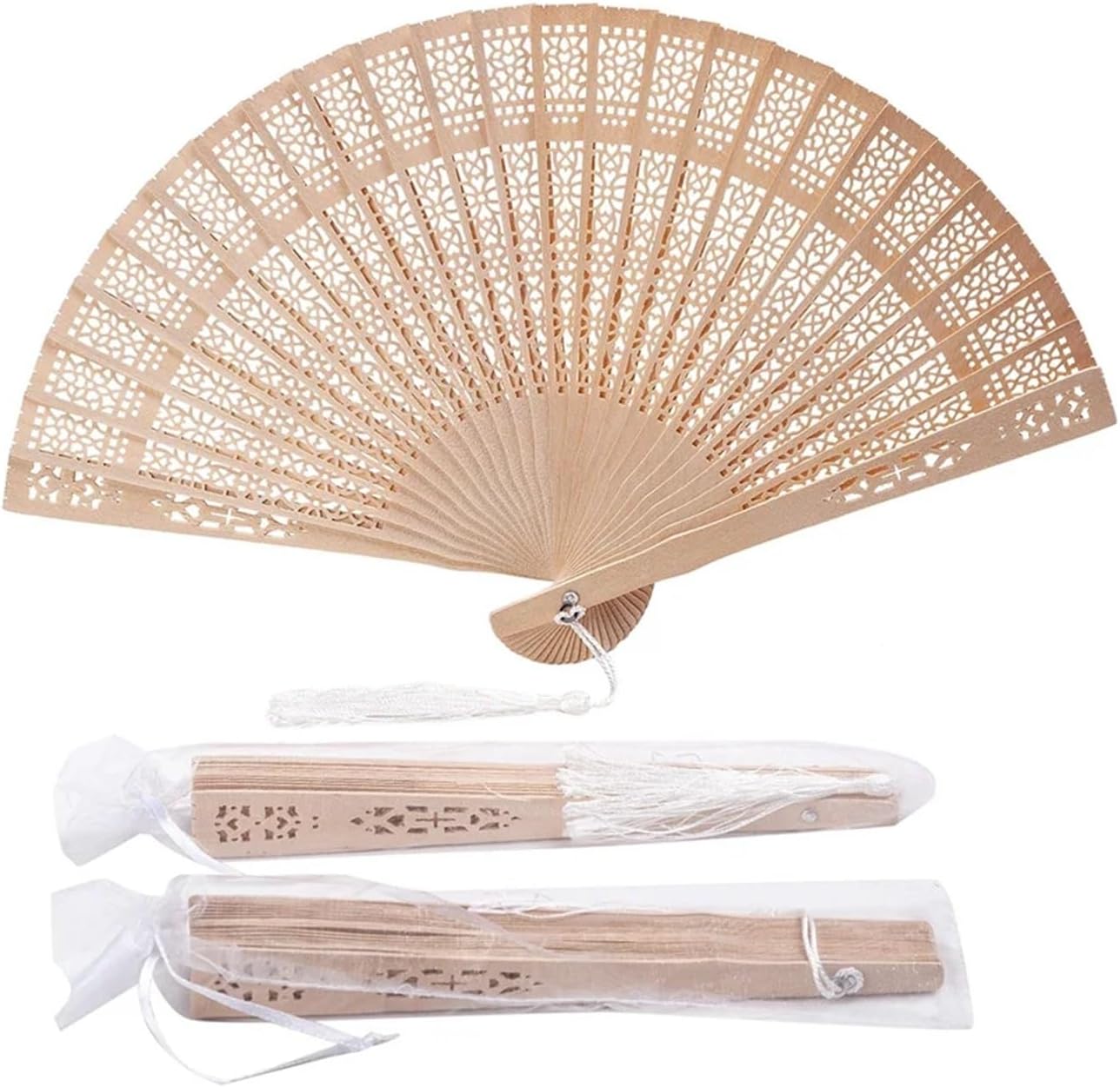 Fans For Wedding Guests 50 Pcs Folding Hand Fans Fashionable Engraved Women Elegant Wood Gifts Fan With Bags Tassels Wedding Mariage Festival Party Dance Props