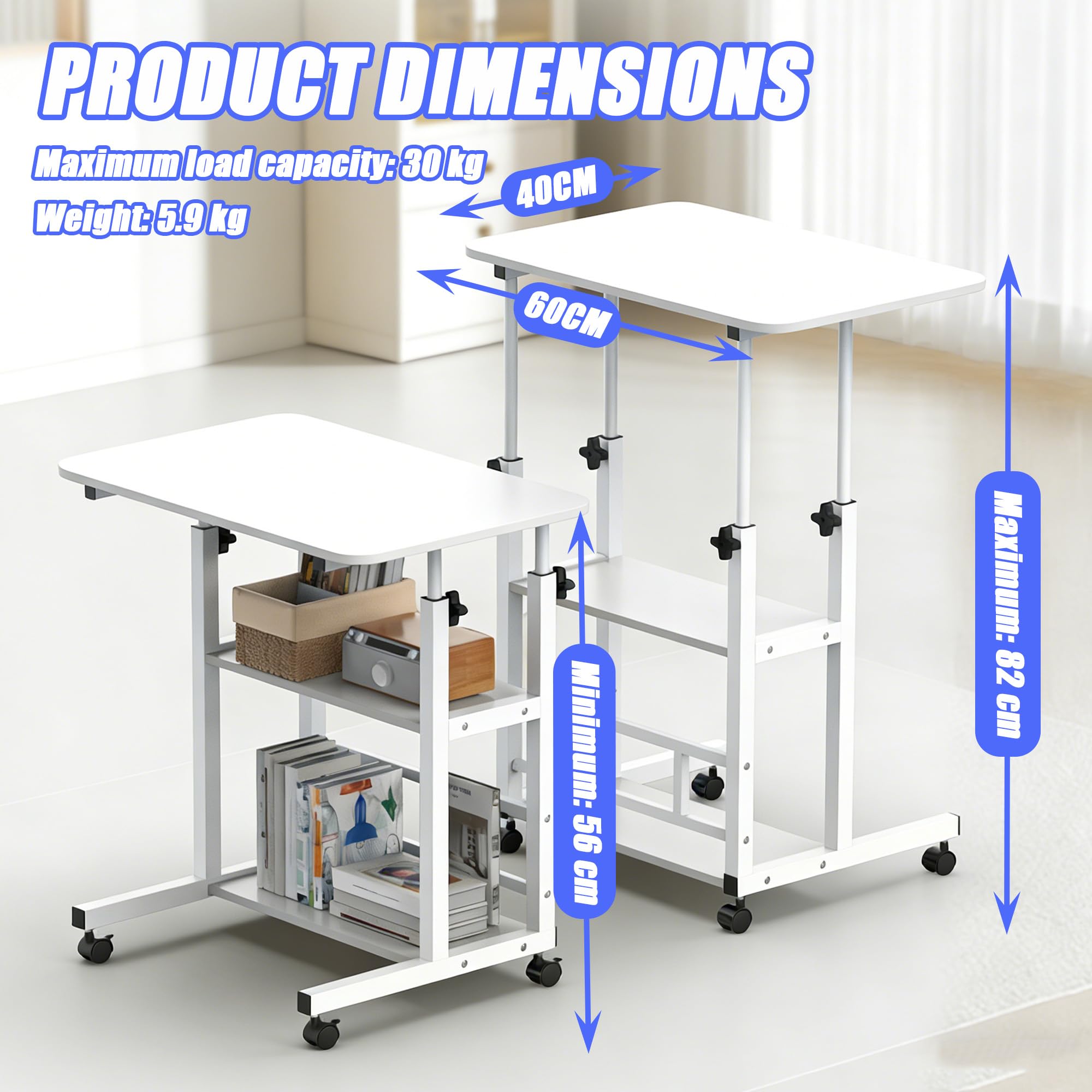 Verdego Escritorio de altura ajustable, mesa auxiliar con ruedas, 2 estantes, mesa de PC 40 x 60 x 56 – 82 cm, ahorra espacio, pequeña mesa portátil para ordenador para oficina en casa, sofá, cama