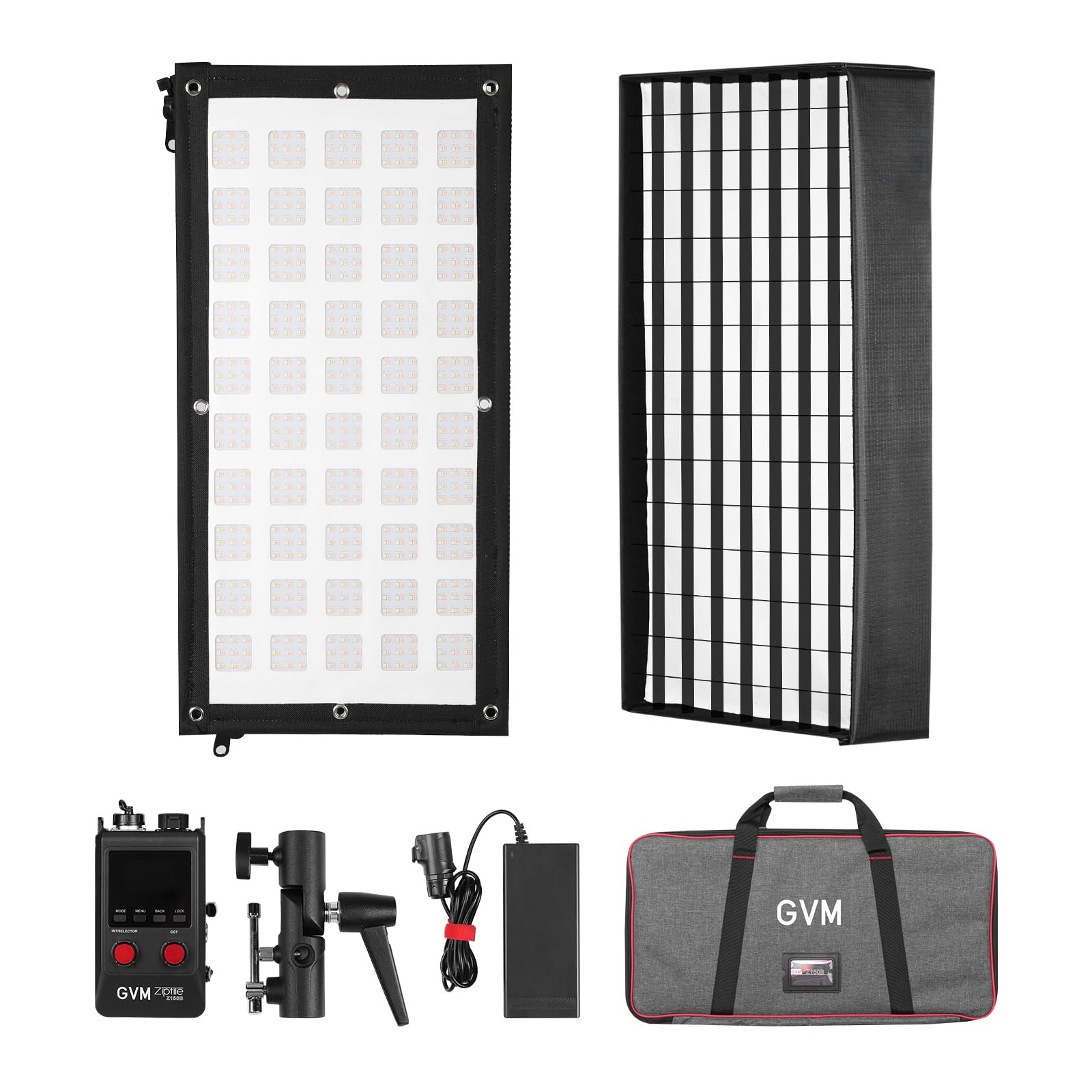 GVM ZipTile Z150B Lampe vidéo LED Flexible Bicolore 2700 K ~ 6800 K, 15500 lux/m 150 W, 12 Effets d'éclairage avec boîte à lumière Grille nid d'abeille, Prise en Charge par Application de contrôle