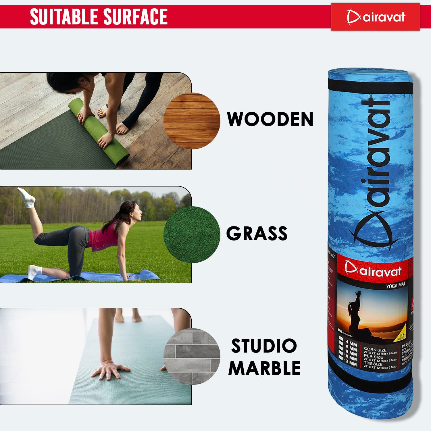 Airavat 8mm Blue Yoga Mat, High Density Anti-Tear Marble Design Exercise Workout Yoga Mat, 2 x 6 Feet Yoga Mat for Men Yoga Mat for Women 3