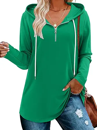BETTE BOUTIK Womens Quarter Zip Tunic Hoodies Pullover Long Hooded Sweatshirts S-3XL
