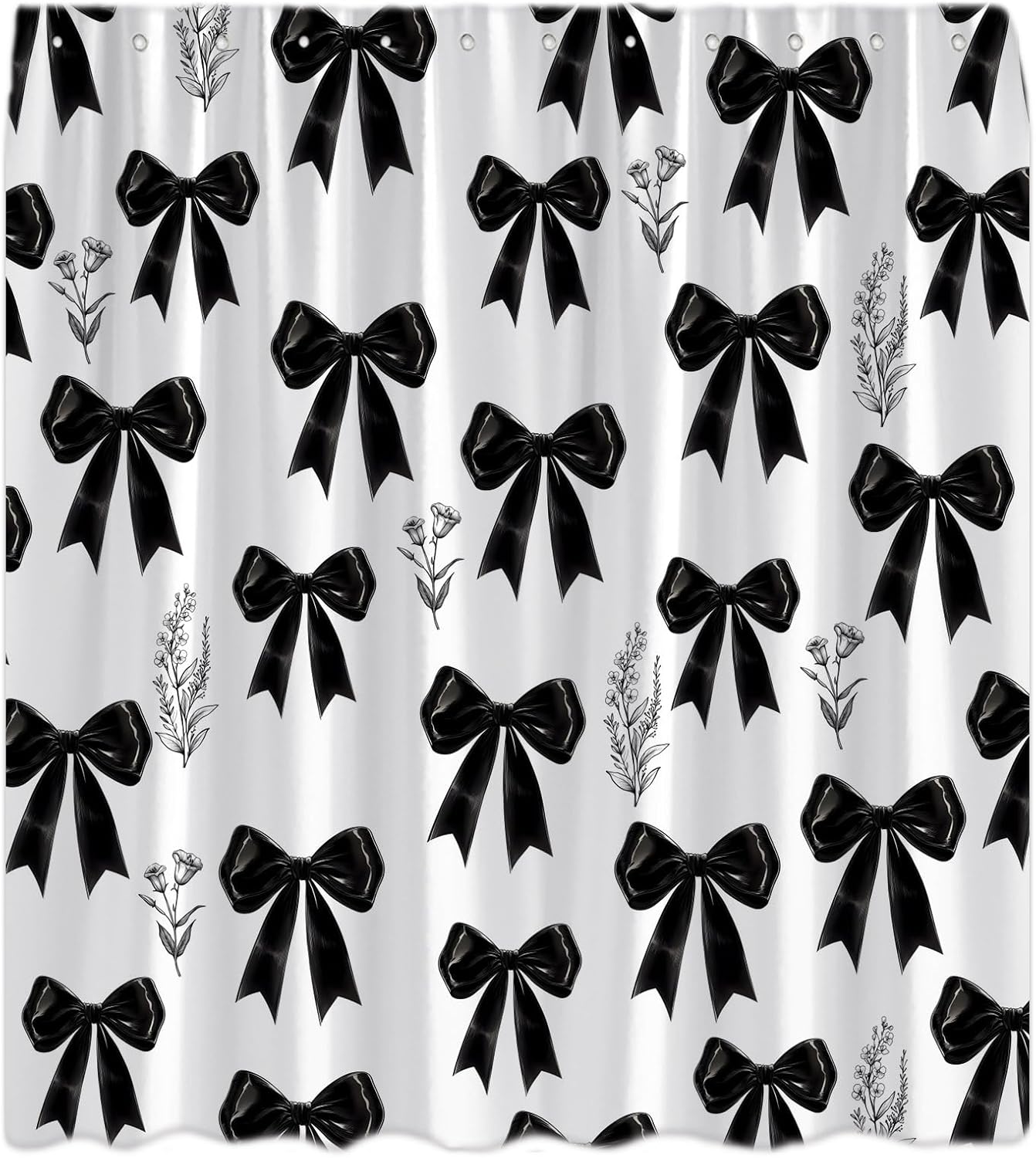 Black Bow Shower Curtain Vintage Coquette Bowknot Cute Floral Retro Wildflower Modern Elegant Aesthetic Bath Decor Curtain with Hooks, 70x78 Inch