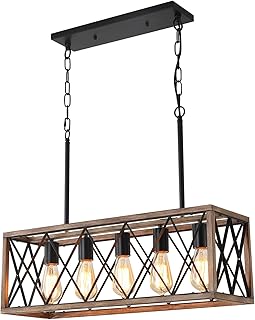 KEESFU 5-Light Dining Room Light Fixture, Farmhouse Kitchen Island Lighting,Adjustable Height Pendant Light, Rustic