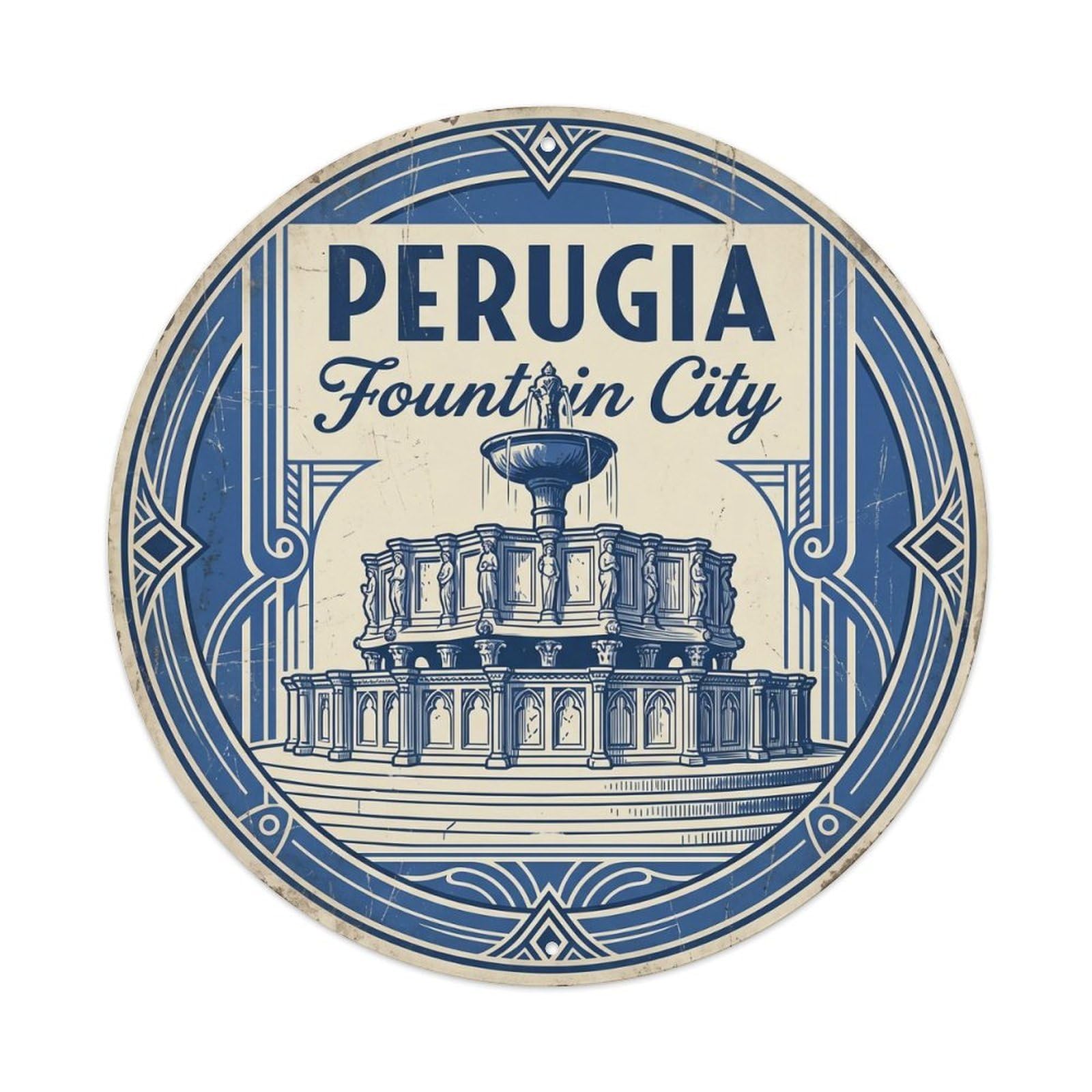 Vintage Travel Perugia Fountain Italy Metal Tin Sign Plaque Wall Decor for Cafe, Club, Garden Round Metal Poster 8x8Inch
