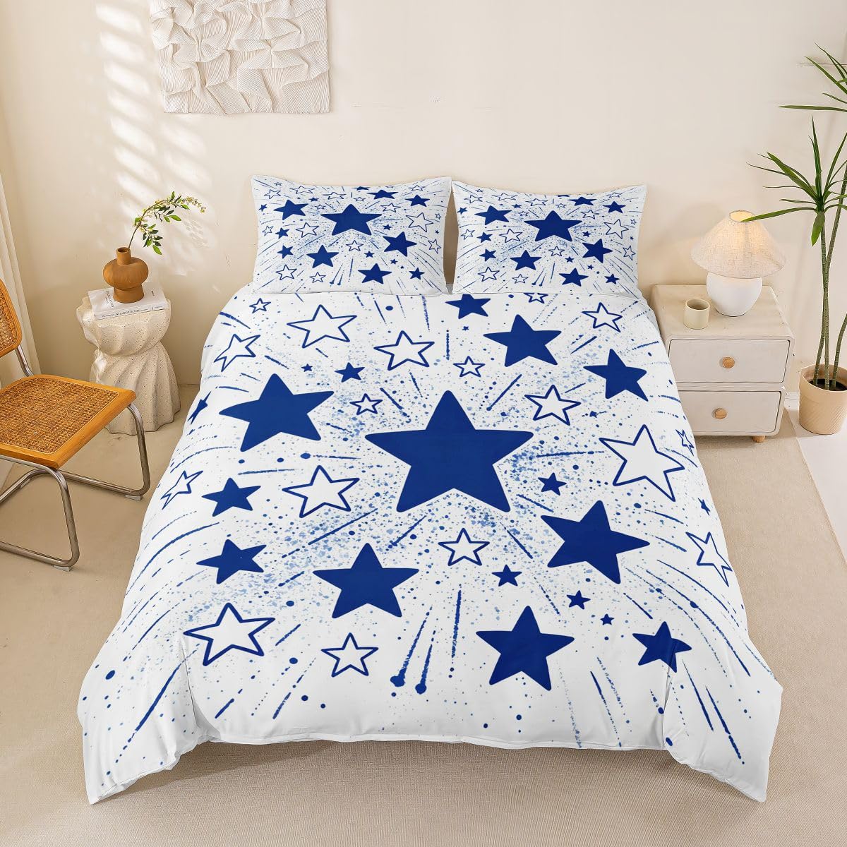 Parure de lit motif étoiles bleu aquarelle taille L pour adulte avec housse de couette graffiti