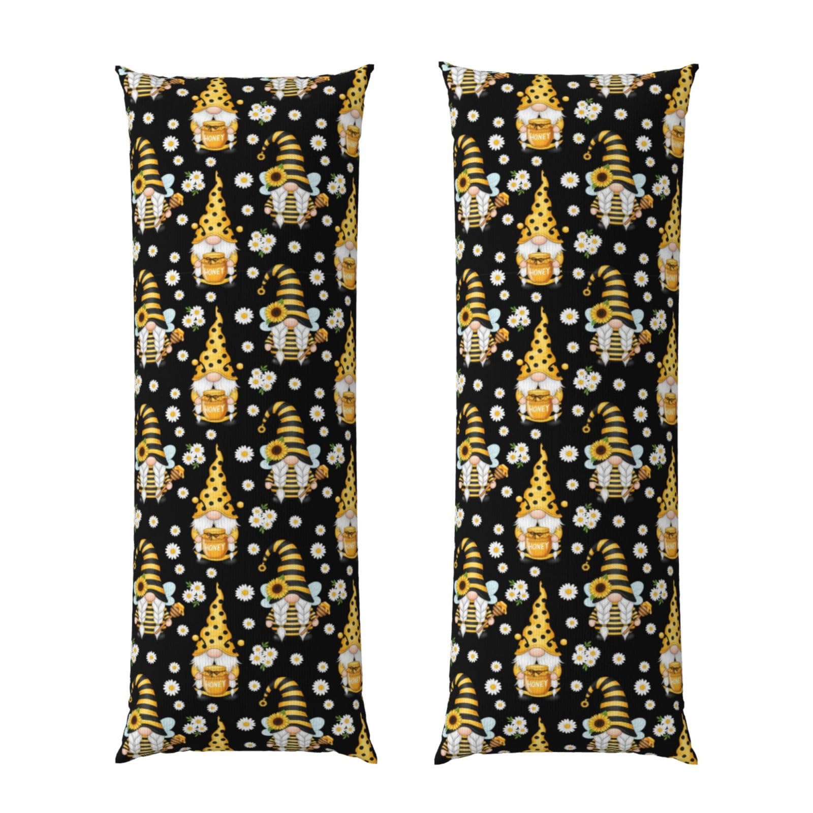 Body Pillow Case 20x60 Sunflower Bee Cute Cartoon Gnome Black, Zippered Cozy Pillow Cover, Soft Plush Cushion Protector, Machine Washable for Bed Sofa Couch