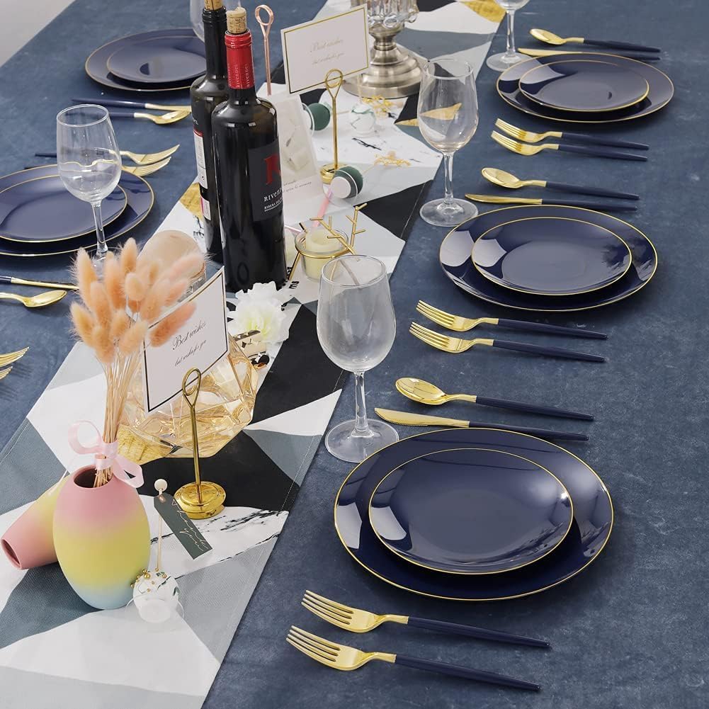 Liacere 150PCS Blue Plastic Plates - Gold Plastic Silverware with Blue Handle - Navy Disposable Plates Include 30 Guests Plates,Forks,Spoons,Knives for Party & Graduation & Memorial Day