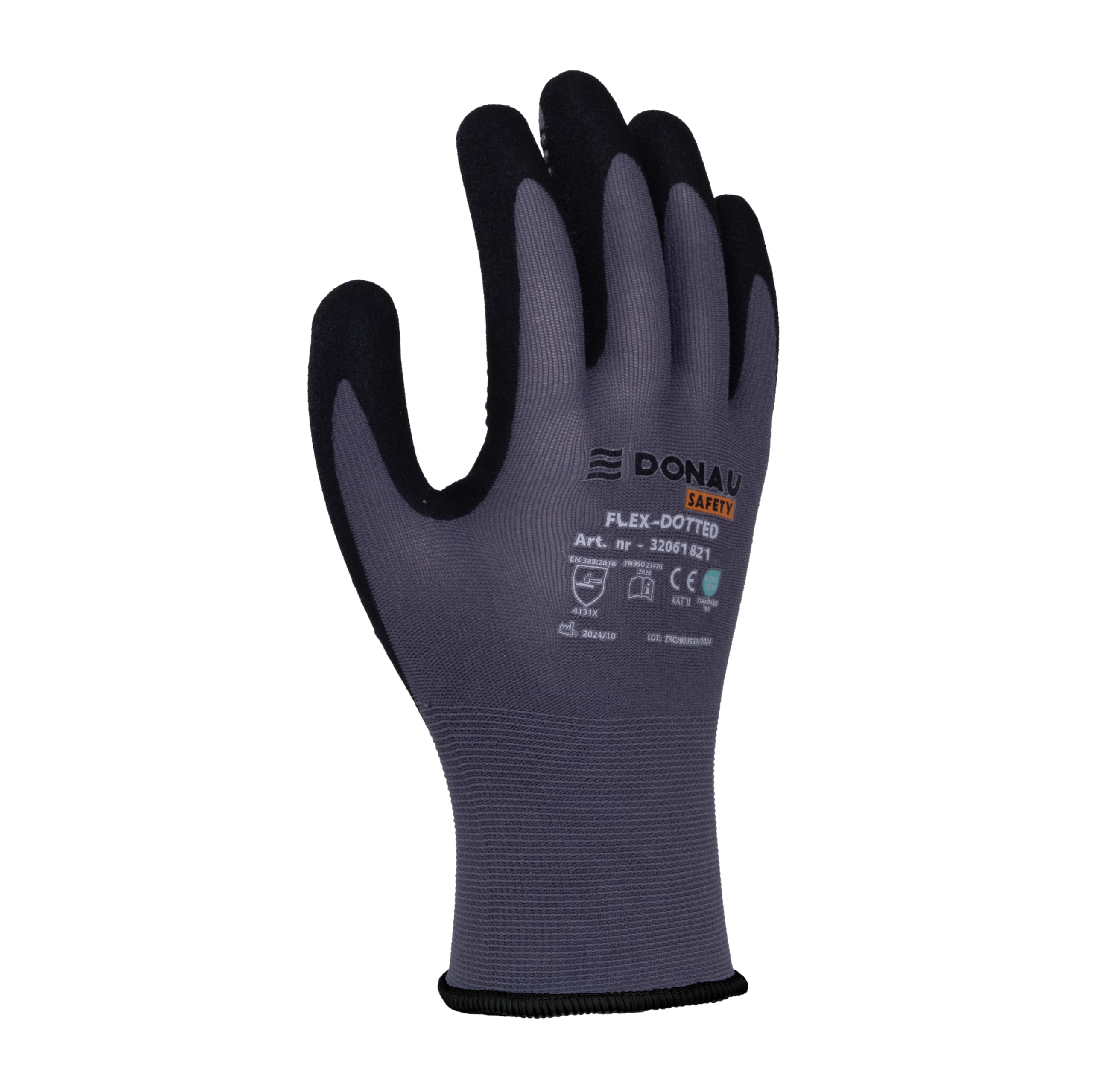 DONAU SAFETY Gants de travail Flex-Dotted avec picots antidérapants, taille 10/XL, 1 paire, gris-noir, pour mécaniciens, revêtement nitrile, légèrement résistant à l'huile, nylon