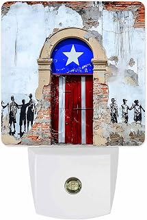 4th of July Night Lights Auto Sensor Puerto Rico Flag Plug-in LED Nightlights Dusk to Dawn for Living Room, Bedroom, Bathroom, Hallway, Stairways Independence Day Decor, Retro Wall Door Star Stripes